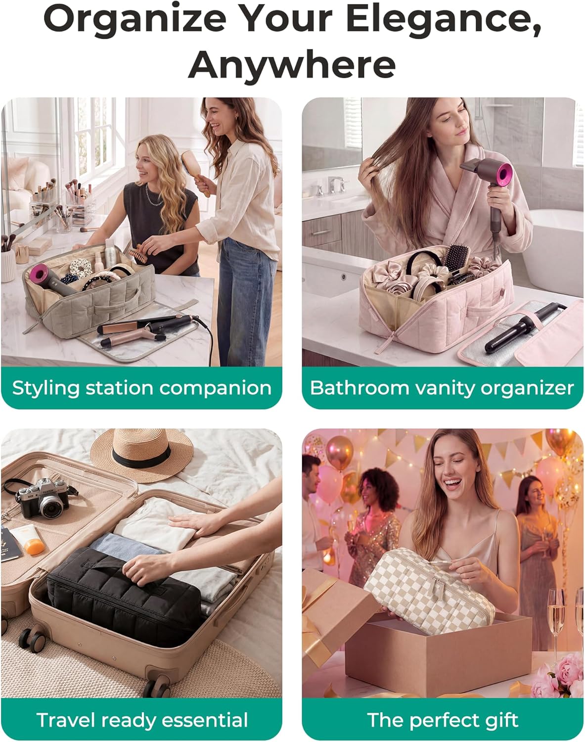 Hair Tool Organizer Travel Bag - Compatible with Dyson Airwrap & Shark Hair Dryer | Heat Resistant Mat, Black