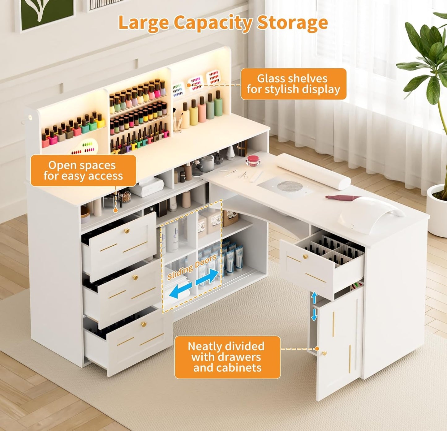 L-Shaped Manicure Table with Dust Collector - LED Light & Storage Cabinets | Home Spa Nail Desk in White