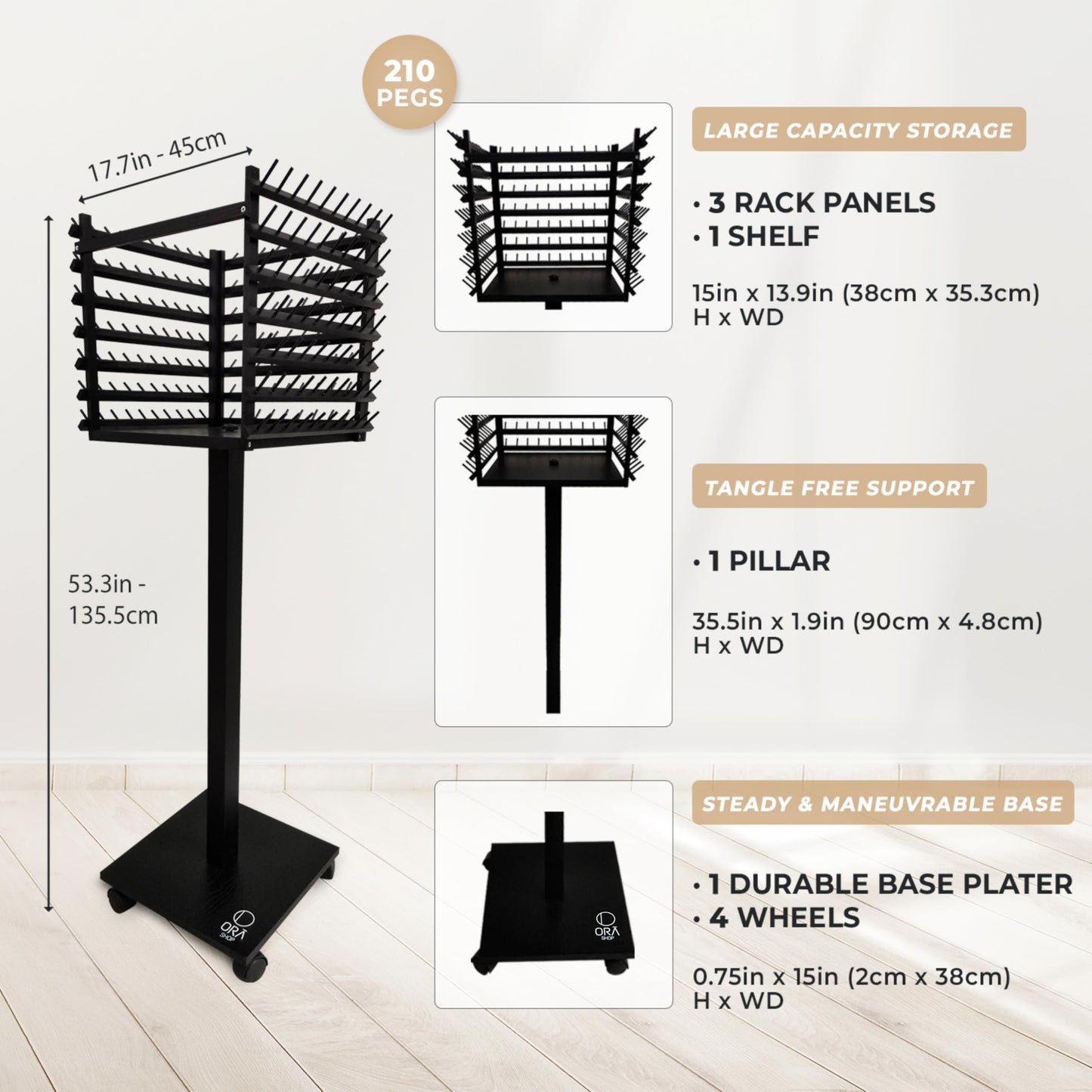 ORA SHOP - Braiding Hair Rack, Hair Extension Holder, Hair Braiding Tools, Hair Product Organizer, Wooden 3-Sided Rack Stand, Large Capacity (210 pegs)