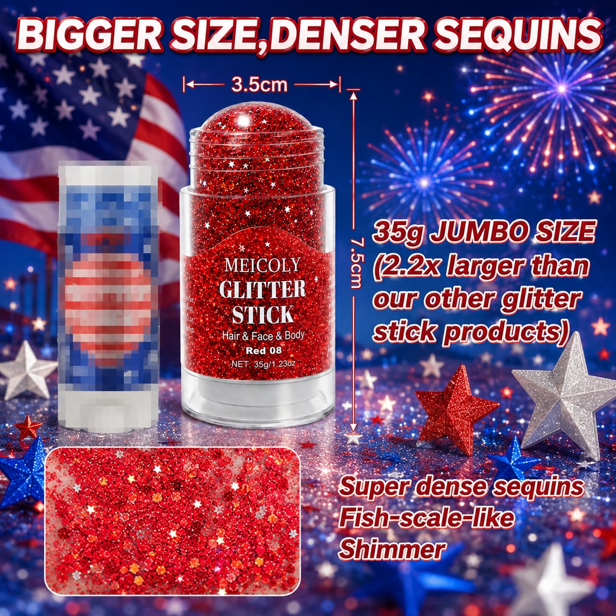 MEICOLY Sparkling USA Glory Red Face Hair Glitter Stick for 2026 World Cup,4th of July Accessories Outfits for Women, Fourth of July Patriotic Veterans Day Super-Dense Glitter Makeup