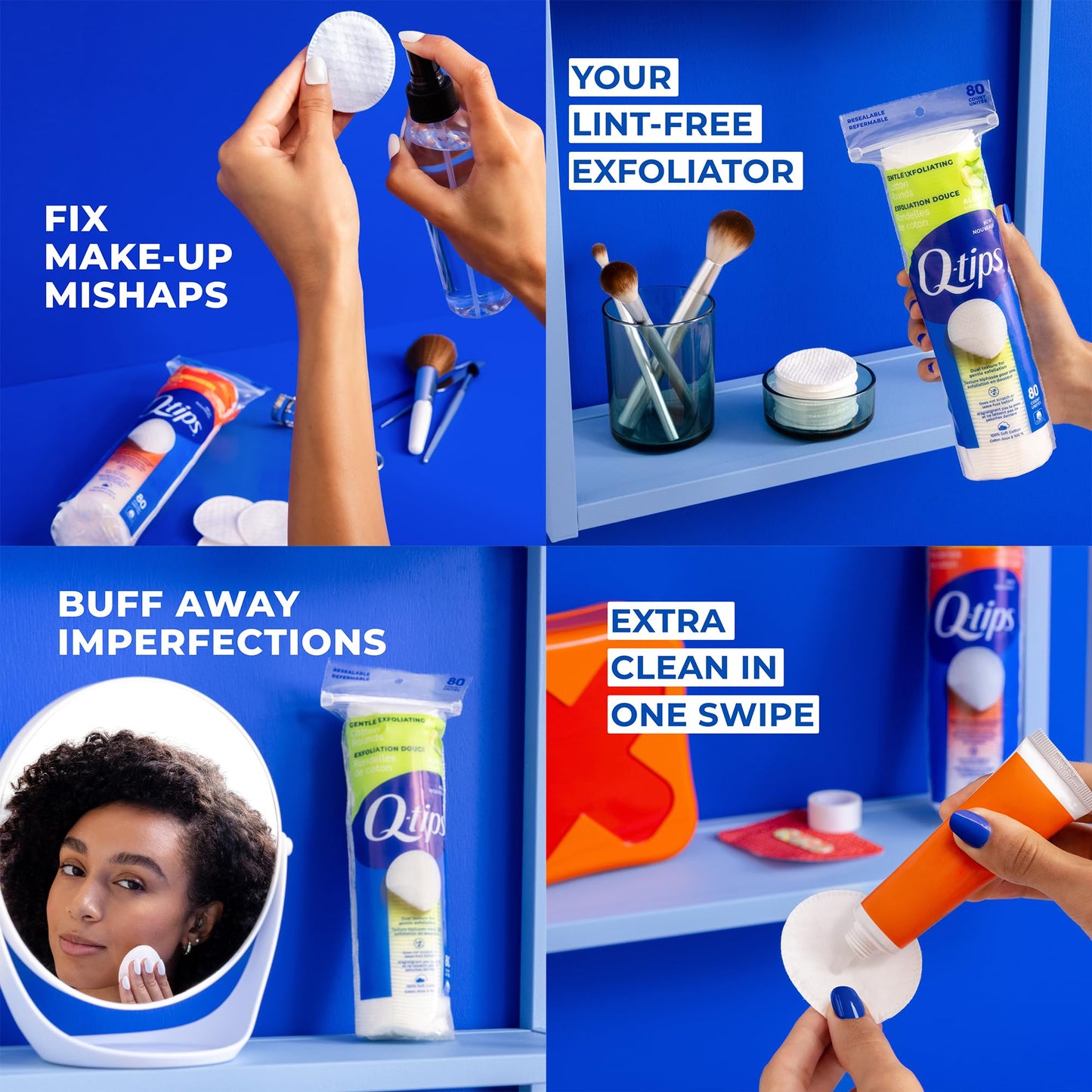 Q-tips Cotton Rounds Bundle (Exfoliating & Hygiene Shield), Soft Lint-Free Makeup Remover Pads, Skin Care and Beauty Use, 100% Cotton, 80 Ct Ea.