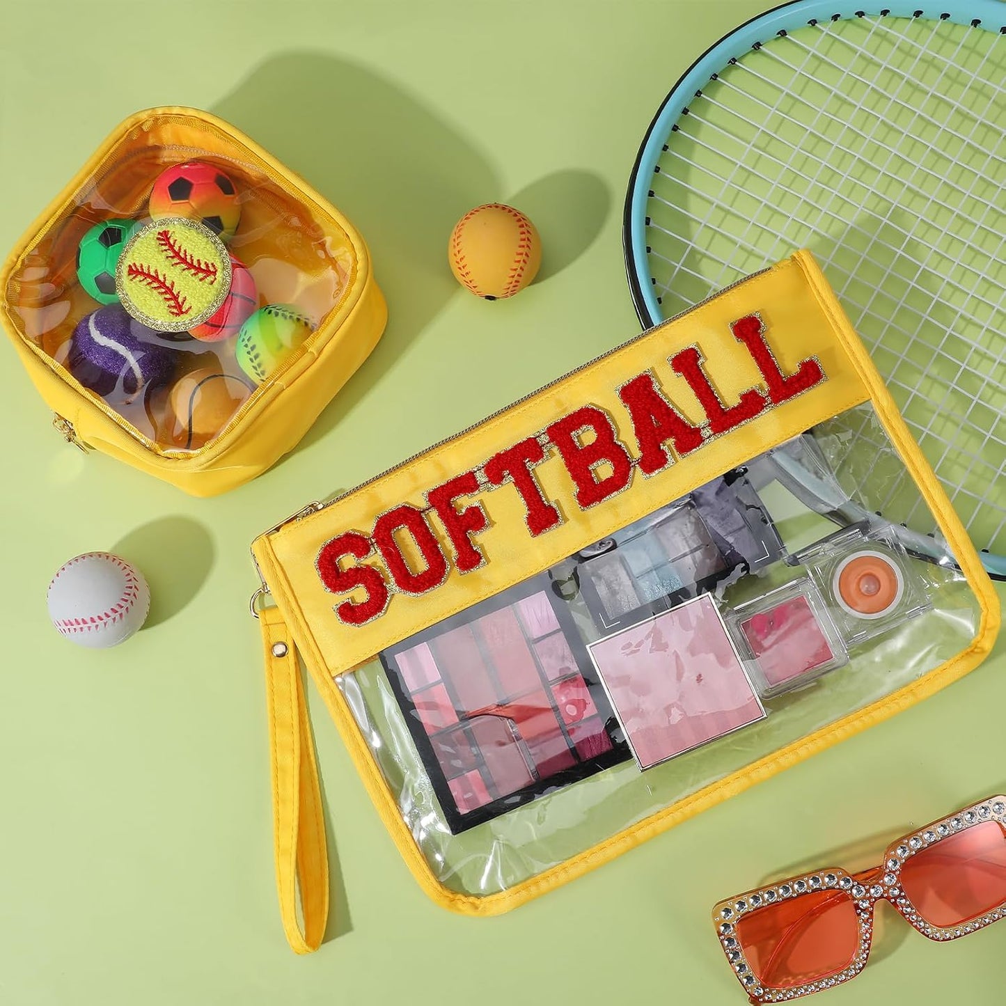 Softball Gift Set for Girls - 4 Pcs Snack Goodie Bags & Makeup Toiletry Pouch | Chenille Letter Travel Case