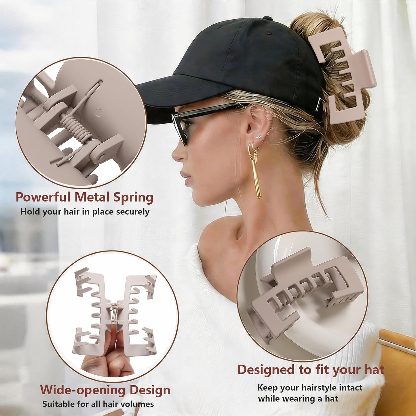 Hat-Friendly Claw Clips for Baseball Caps - 4 Pack Large Strong Hold Matte Clips for Thick & Thin Hair | Hair Accessories