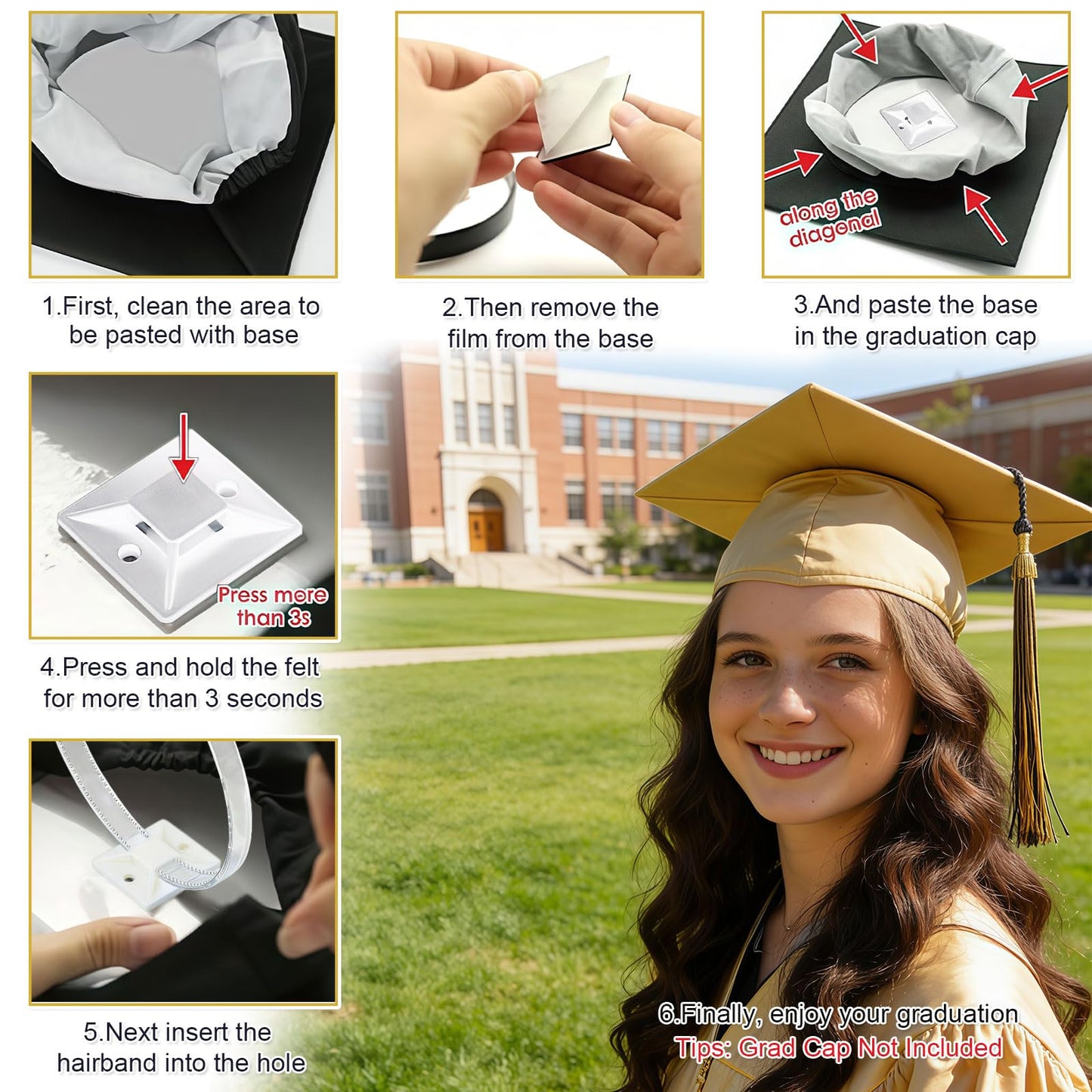 Pvoiue Graduation Cap Headband Insert 2026, Clear Acrylic No-Slip Grad Cap Fixer with Adhesive Base, Comfortable Grad Caps Accessory for Women Men with Thick/Curly Hair