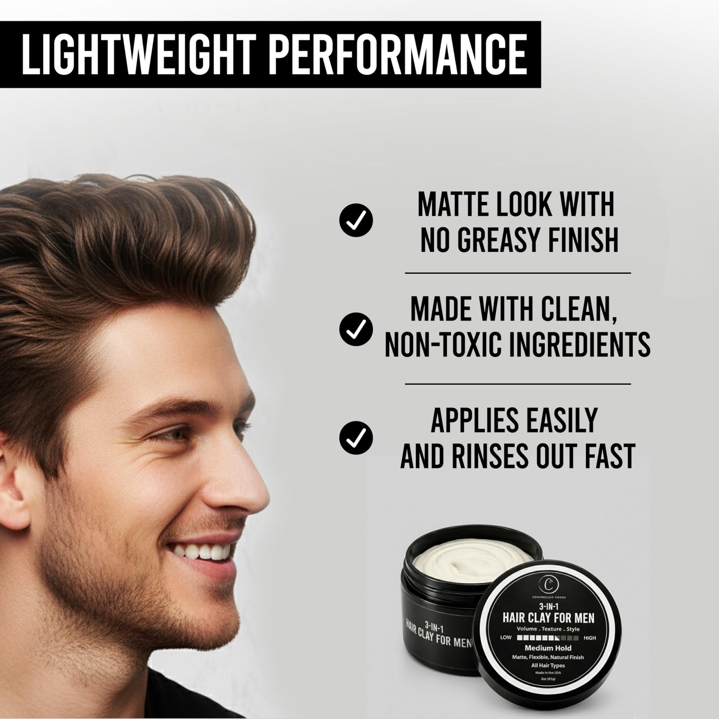 Controlled Chaos 3-in-1 Hair Clay for Men 3 oz – Medium Hold, Matte Finish Styling Mens Hair Clay for Natural Volume, Texture & Everyday Control – Made In USA