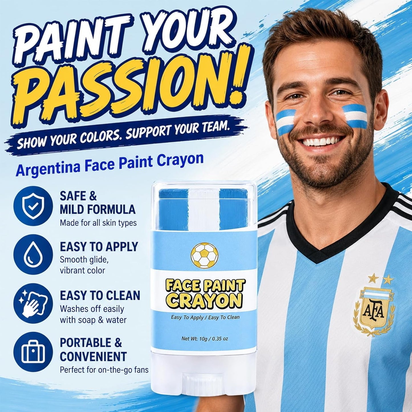 Argentina Face Paint Stick - Blue & White Soccer Fan Body Paint Crayon | Sweatproof, High Pigment for Football & Rugby Events