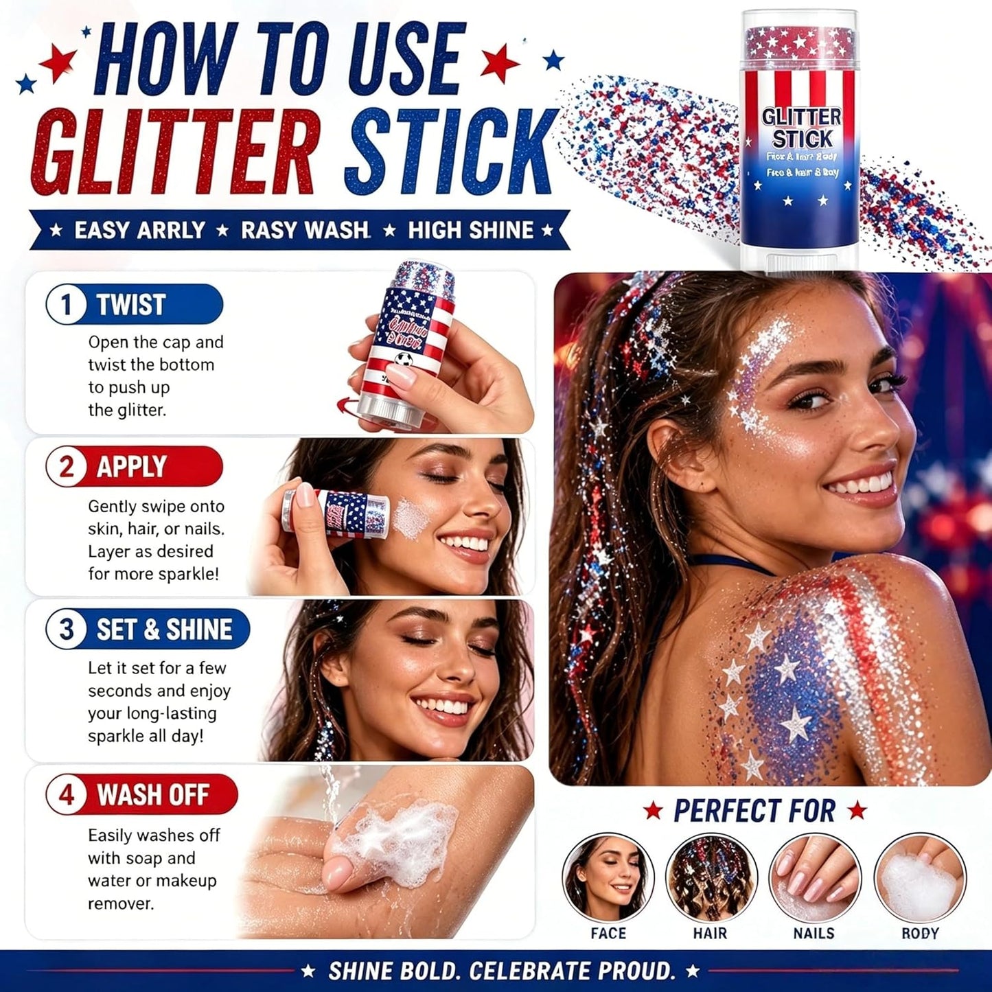 Patriotic Red White Blue Glitter Stick - Waterproof Face & Hair Glitter for 4th of July Celebrations | 250th Anniversary