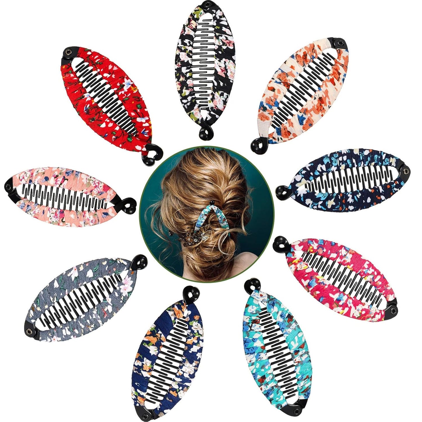 Banana Hair Clips - 9-Piece Floral Clincher Set | Bohemian Style Hair Claws, 4.3 x 2 Inch