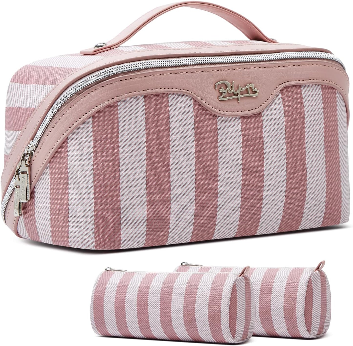 Travel Makeup Bag Set - Large Vegan Leather Cosmetic Organizer with Handle | 3 Pcs Portable Toiletry Bags in Coffee