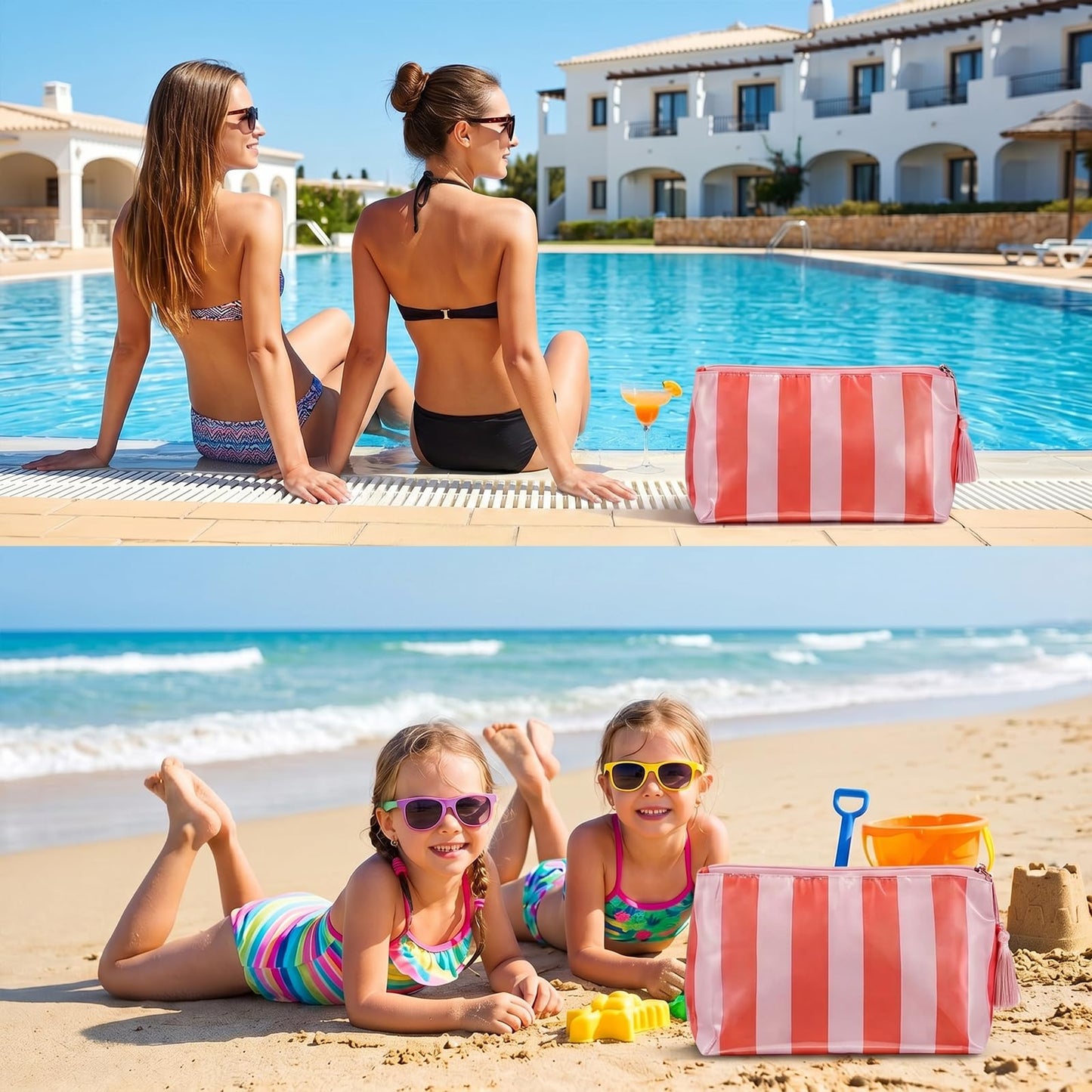 Yykazqe Striped Makeup Bag, PVC Waterproof Cosmetic Bag for Purse, Orange Travel Cosmetic Bags for Women