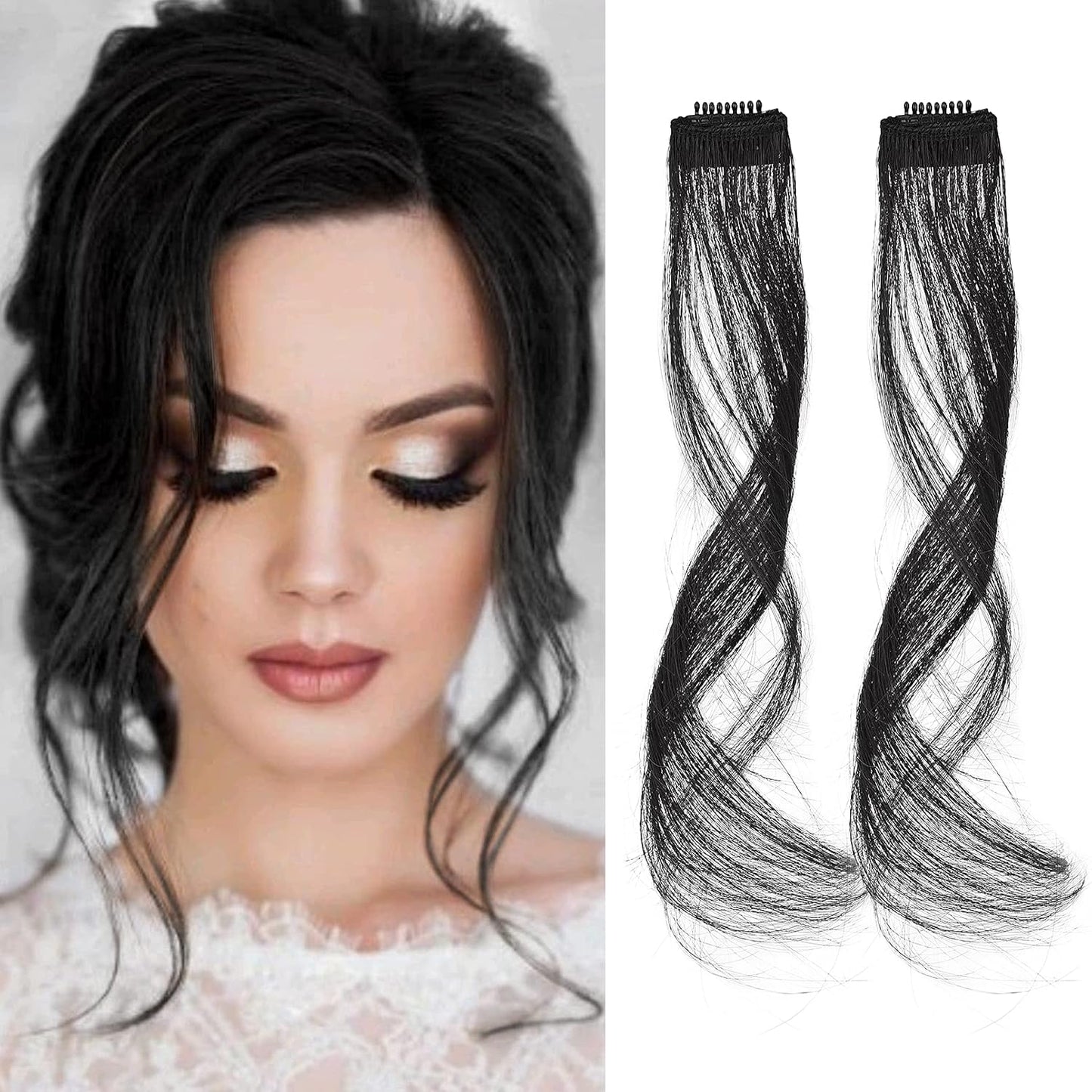 Long Side Air Bangs - Wavy Curly Clip-In Curtain Bangs for Women | 12 Inch Face-Framing Highlights in Grey/Brown/Silver/White