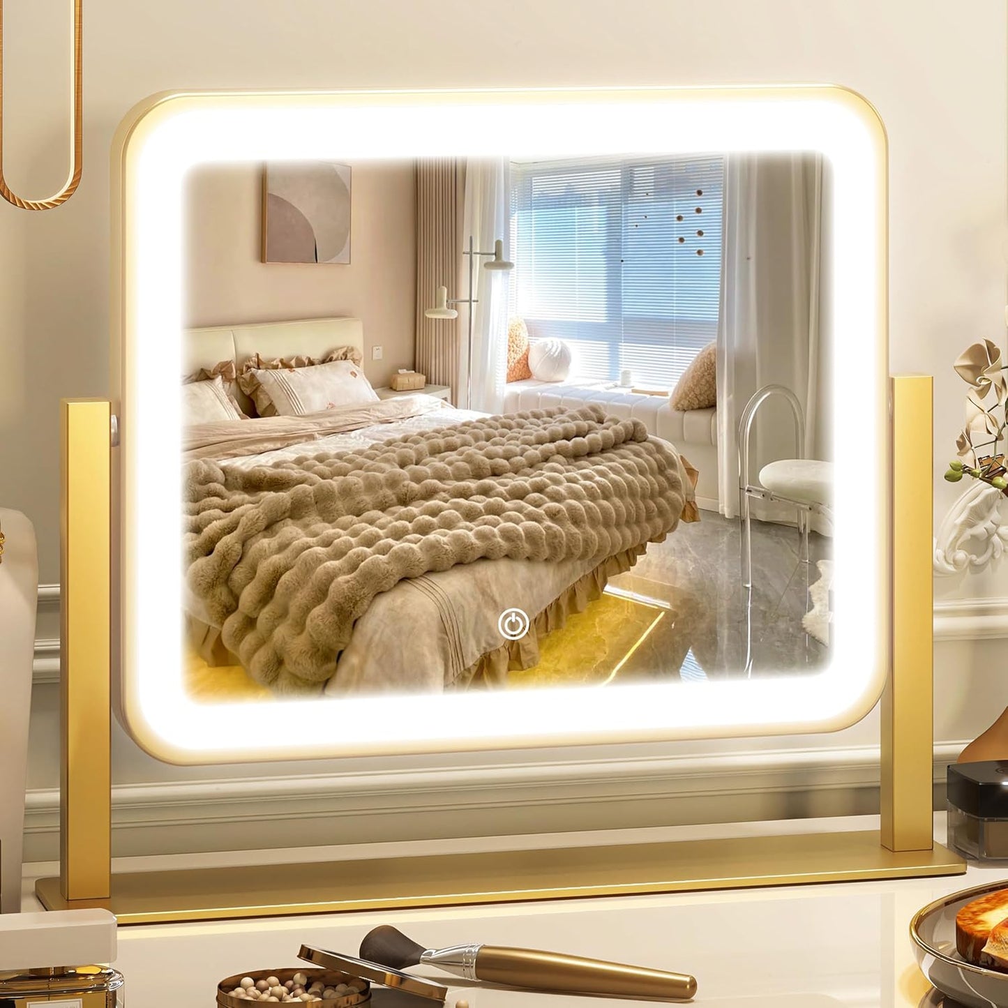 LED Vanity Mirror with Lights - 12" x 14" Small Gold Makeup Mirror | 360° Rotation, 3 Color Modes, Dimmable & Memory Function