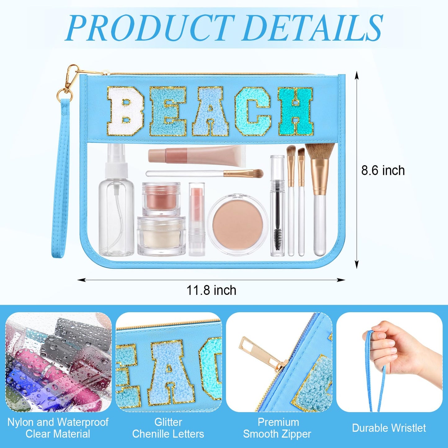 Kacctyen 6 Pcs Beach Bags Chenille Letter Clear Makeup Bag with Zipper Waterproof Cosmetic Toiletry Pouch with Handle Gym Travel Summer Gifts for Women Girls (Blue, Beach)