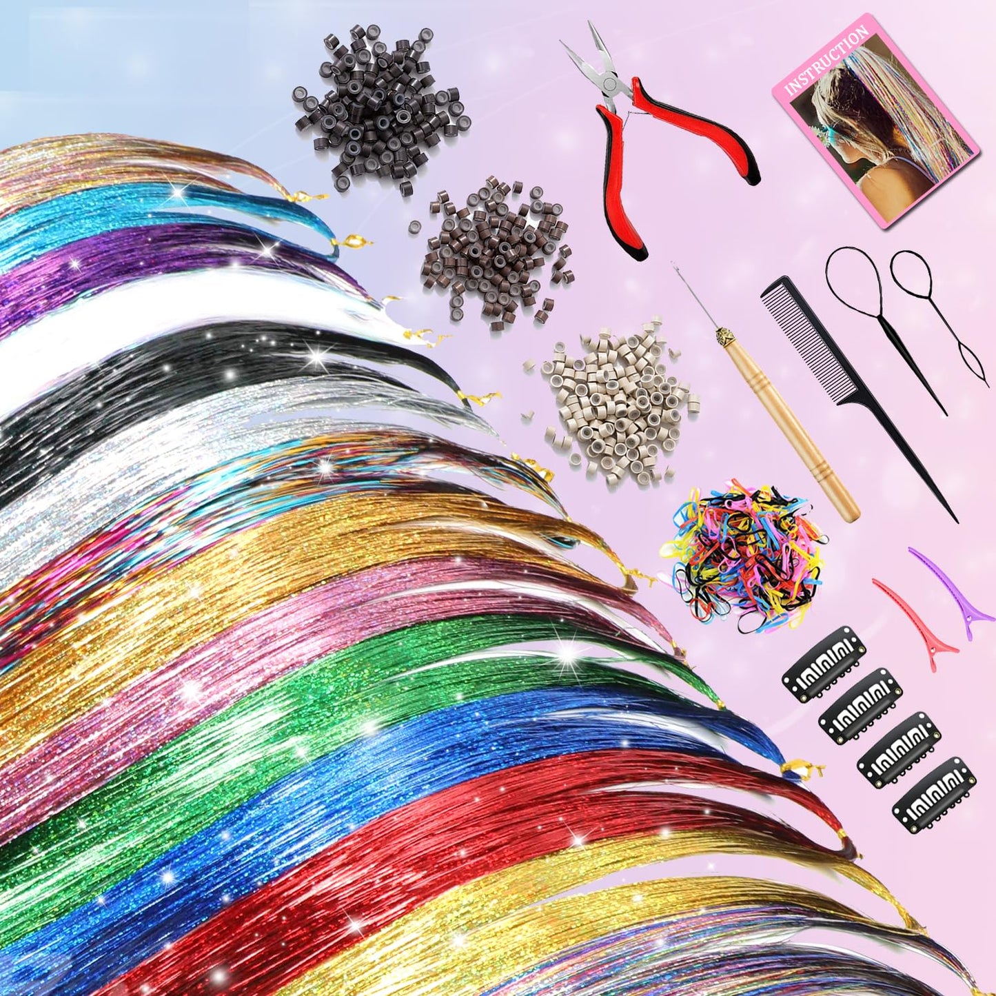 AIAIZHQH Hair Tinsel Kit (20 Colors, 8800 Strands, 48 Inches) Sparking Tinsel Hair Extensions Kit with Tools, Heat Resistant Highlights Glitter Hair Extensions Fairy Hair Accessories for Girls Women