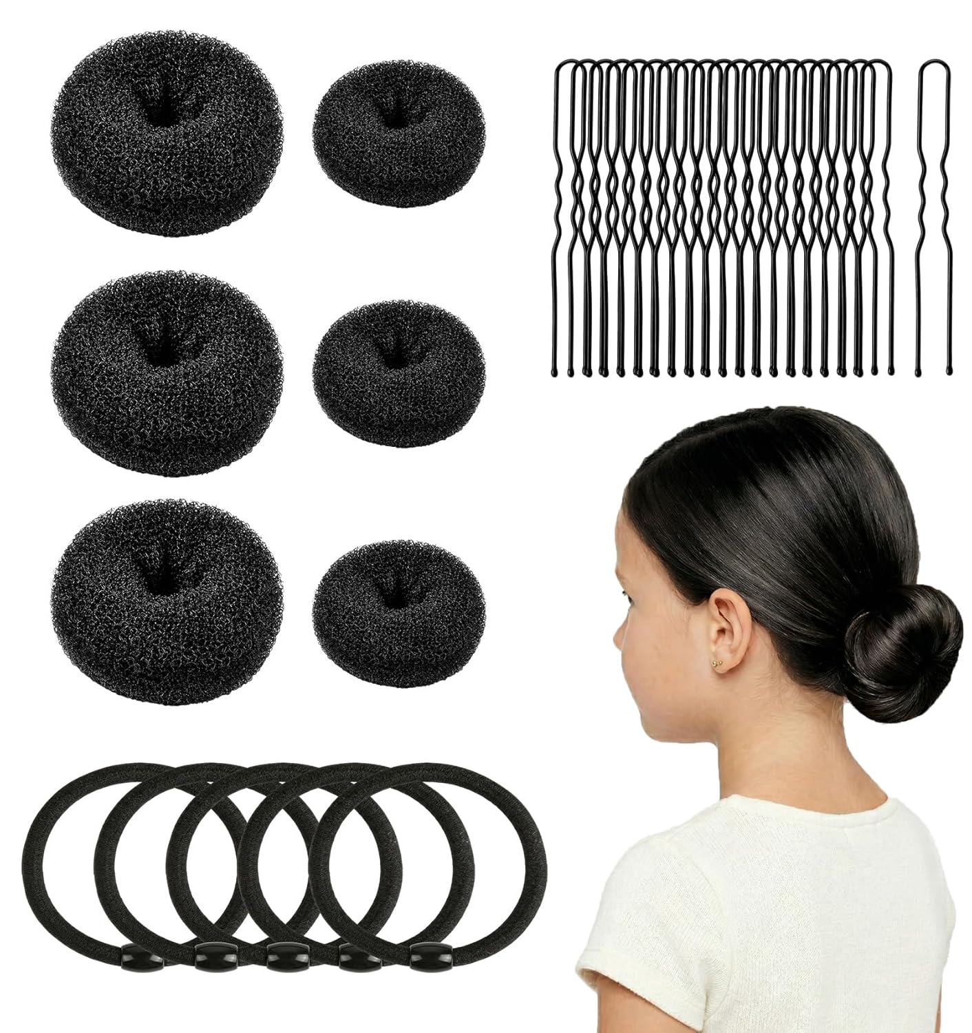 Hair Donut Bun Maker Set - 6 Pcs Firm Hold Bun Shaper Rings for Women | 2 Sizes (Small & Medium) with Hair Ties & U Pins (Black)