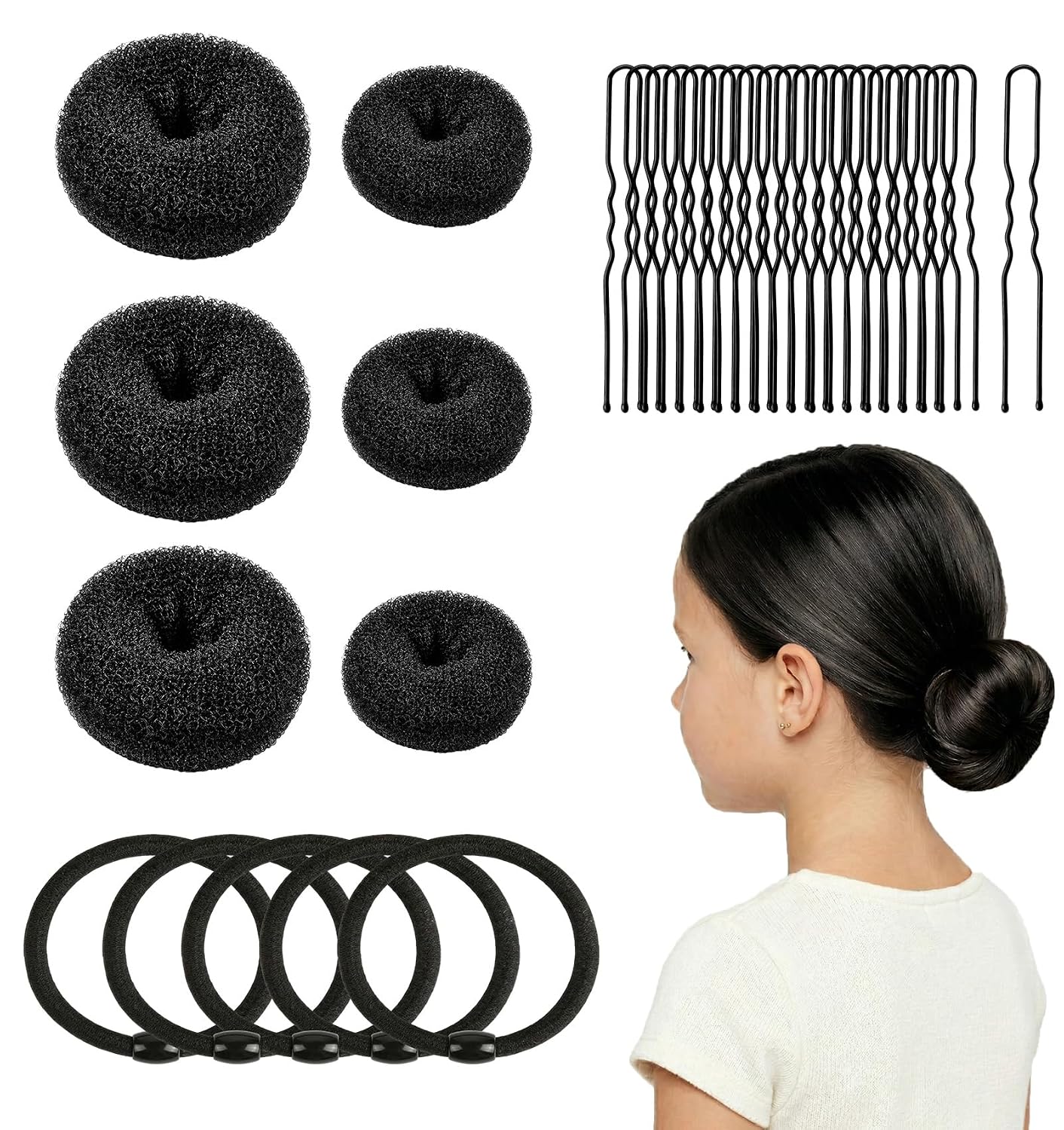 Small Hair Donut Bun Maker - 6pcs Chignon Ring for Thin Hair | Includes 5 Hair Ties & 20 U Pins (Black)