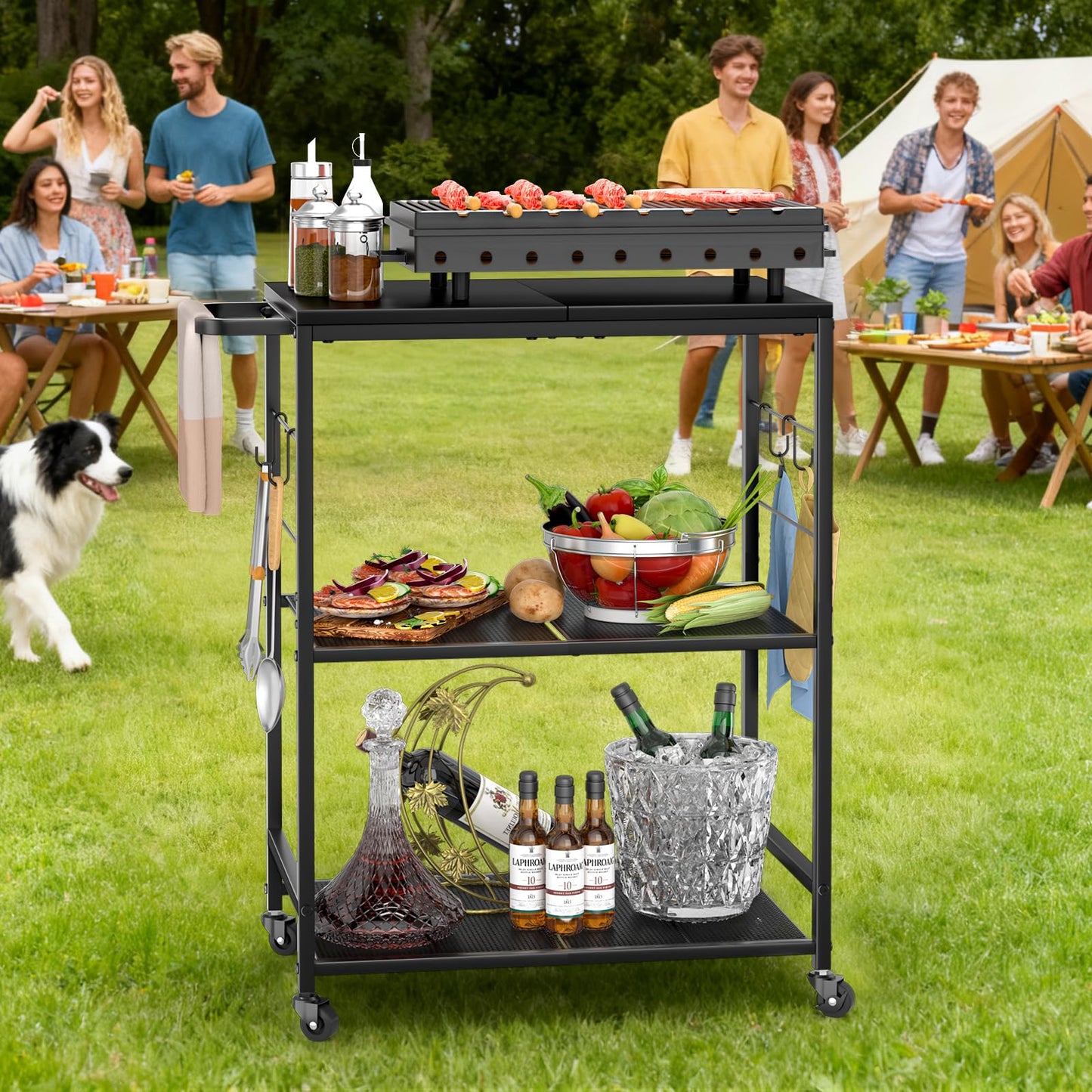 DAOUTIME Grill Cart for Outside, 3-Tier BBQ Food Prep Rolling Table Cart, with 23.62" Lx 15.75" W Rust-Resistant Tabletop, Outdoor Pizza Oven Table Ideal for Patio Backyard Kitchen Tools Room