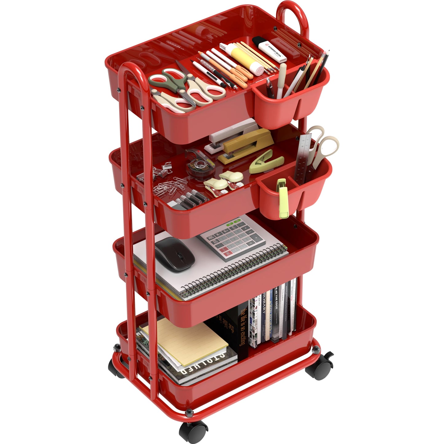 Simple Houseware 4-Tier Rolling Utility Cart with Hanging Bucket, Red