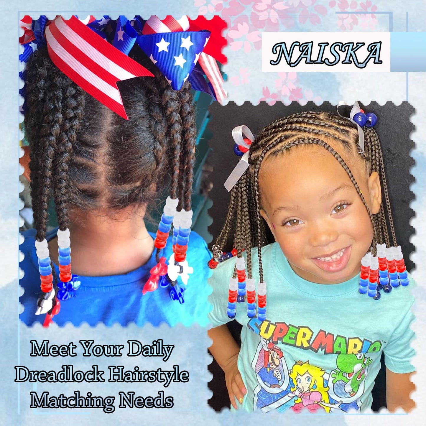 NAISKA 90Pcs Red Blue White Hair Beads for Kids Girls Cheer Hair Beads for Braids Cute Beads for Kids Hair Acrylic Gradient Dreadlock Beads Small Pony Beads Loc Beads Jewelry Accessories