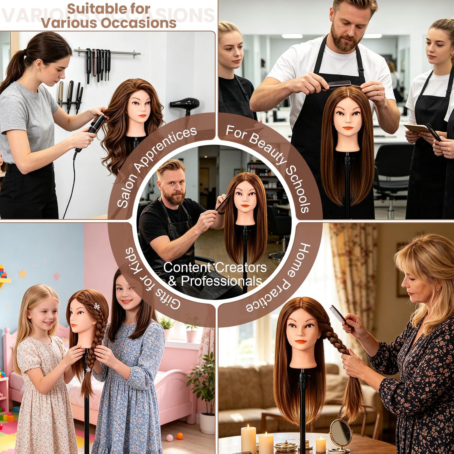 Mannequin Head with 100% Real Human Hair, Beauty Star Manikin Doll Head for Hair Styling, Cosmetology Hairdressing Training Practice Head with Clamp Stand and Braiding Accessories Kit (18" Dark Brown)