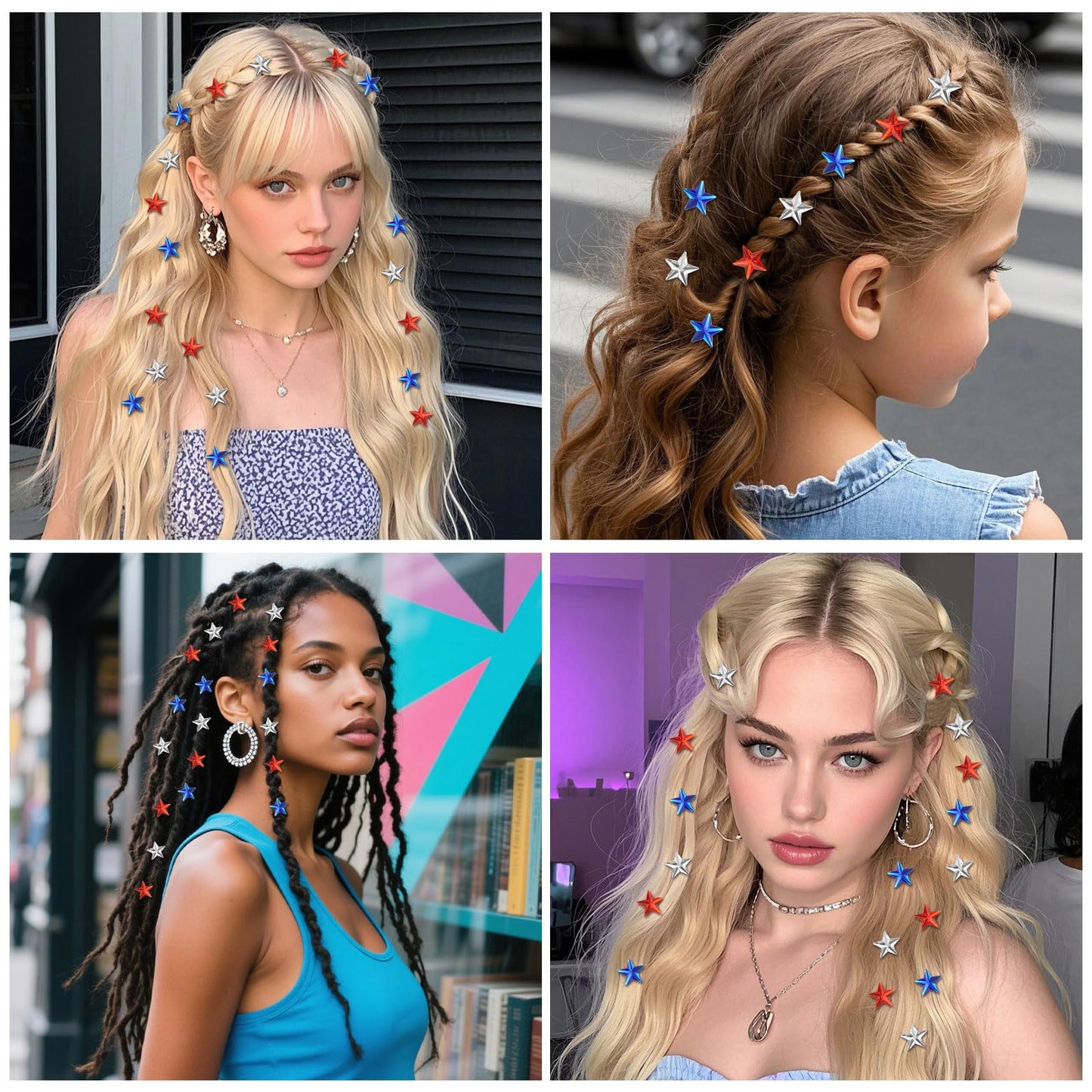 YISSION 30Pcs 4th of July Hair Clips for Women & Girls, Patriotic Red White Blue Sparkly Mini Star Barrettes, No Slip Hair Pins for Braids, Independence Day Memorial Day Hair Accessories Party Favors