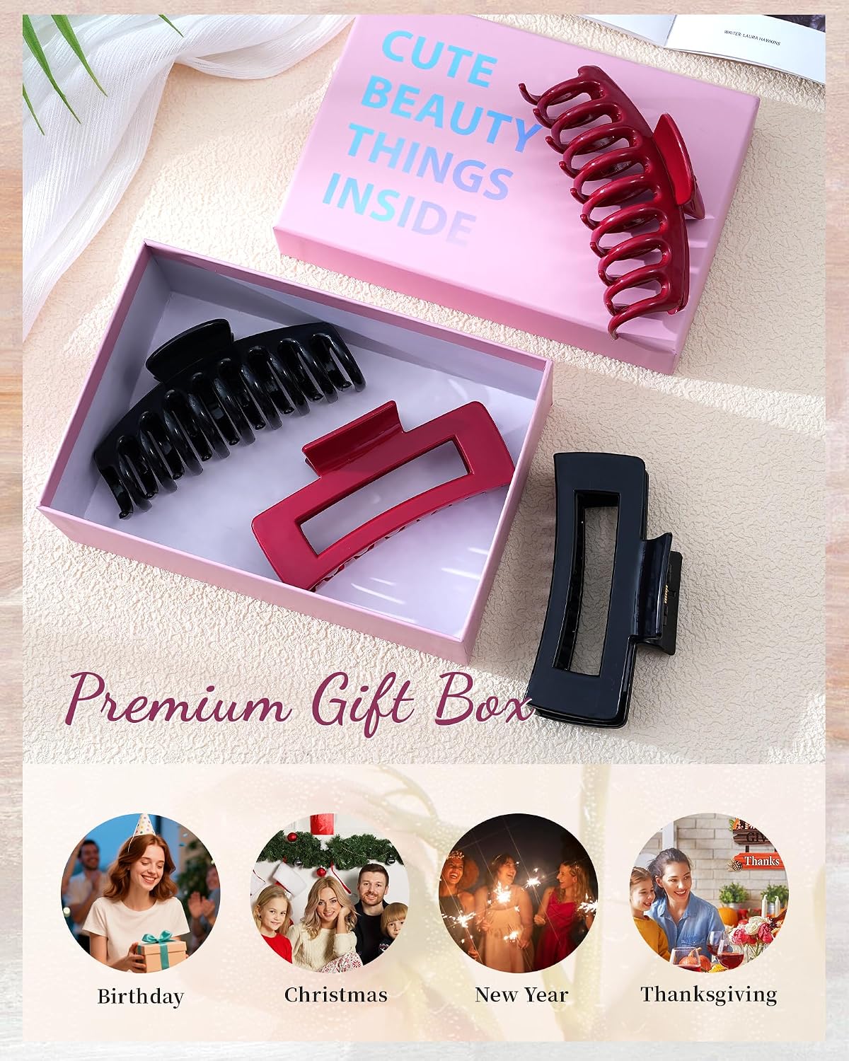 Silicone Flexible Hair Claw Clips - 4 Pack Nonslip Large Grip for Thin & Thick Hair | Black, Wine Red