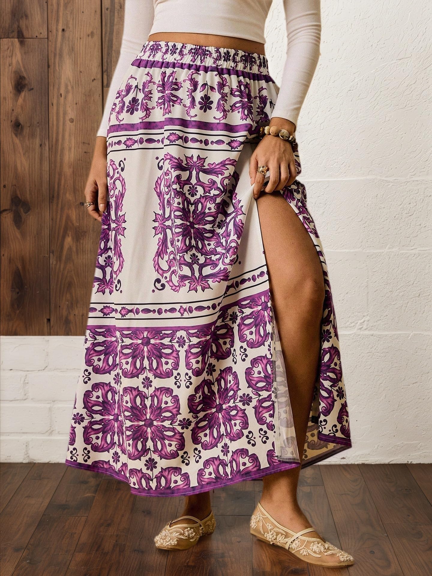 Women’s High Waist Maxi Skirt Floral Print Side Slit Straight Skirt Boho Casual Summer Vacation Beach Long Skirt Black