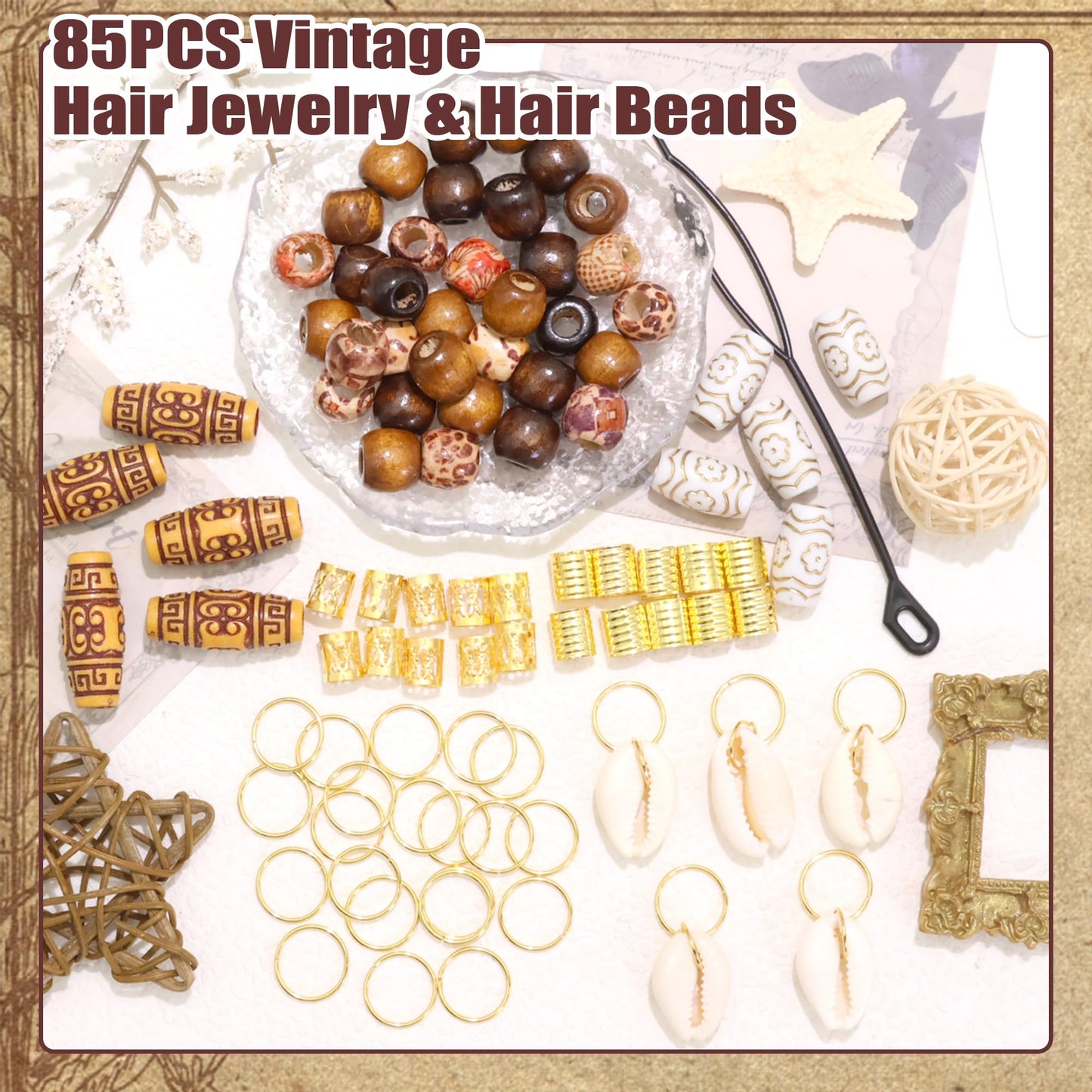 NAISKA 85PCS Shell Hair Jewelry for Braids Wooden Hair Beads Seashell Pendents Braid Jewelry Gold Hair Cuffs Rings Assorted Beads for Braids Multi-styles Braid Accessories for Women Girls