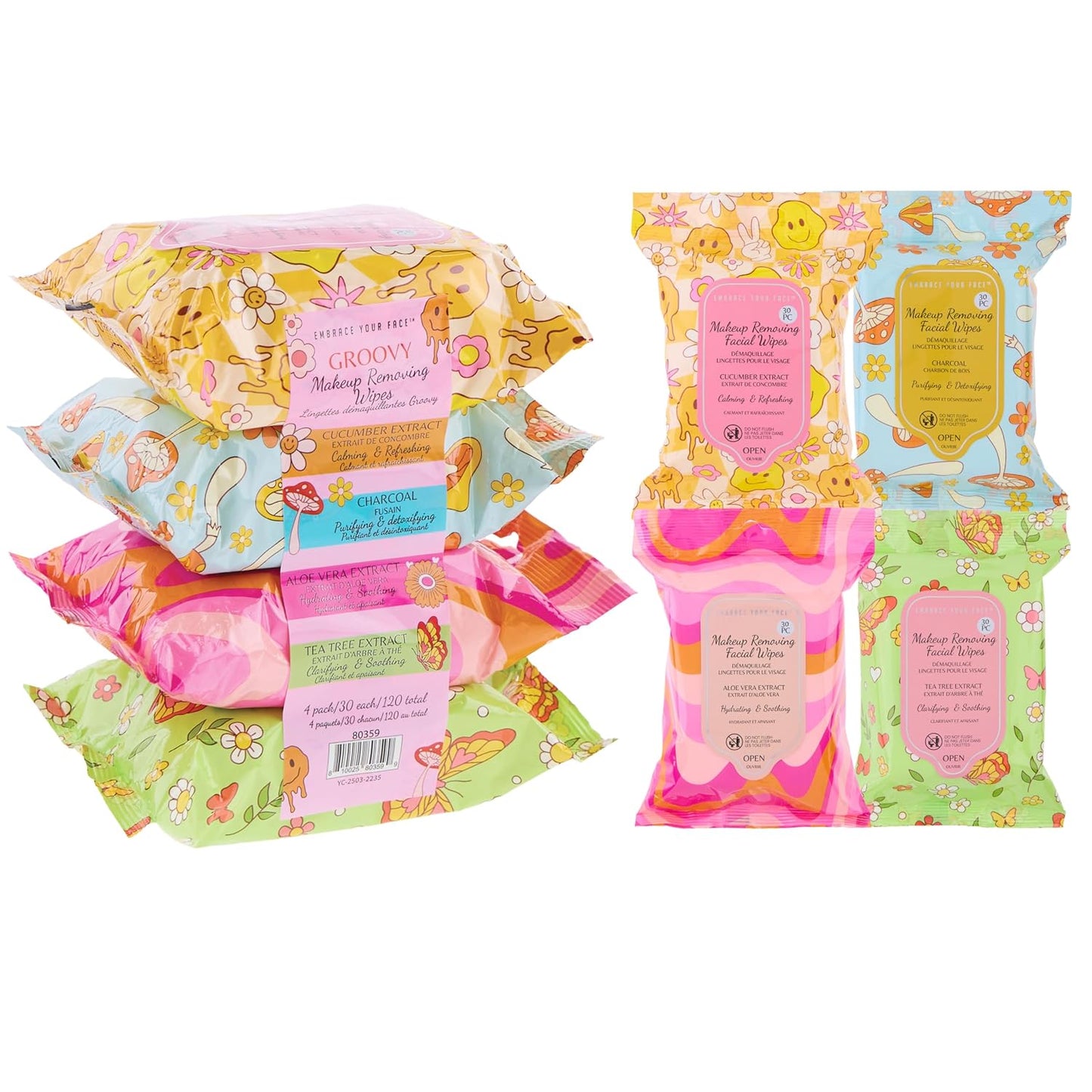 Makeup Removing Facial Wipes - 120pc Variety Pack with Watermelon, Charcoal, Vitamin C & Rose Water | Hydrating & Purifying Towelettes
