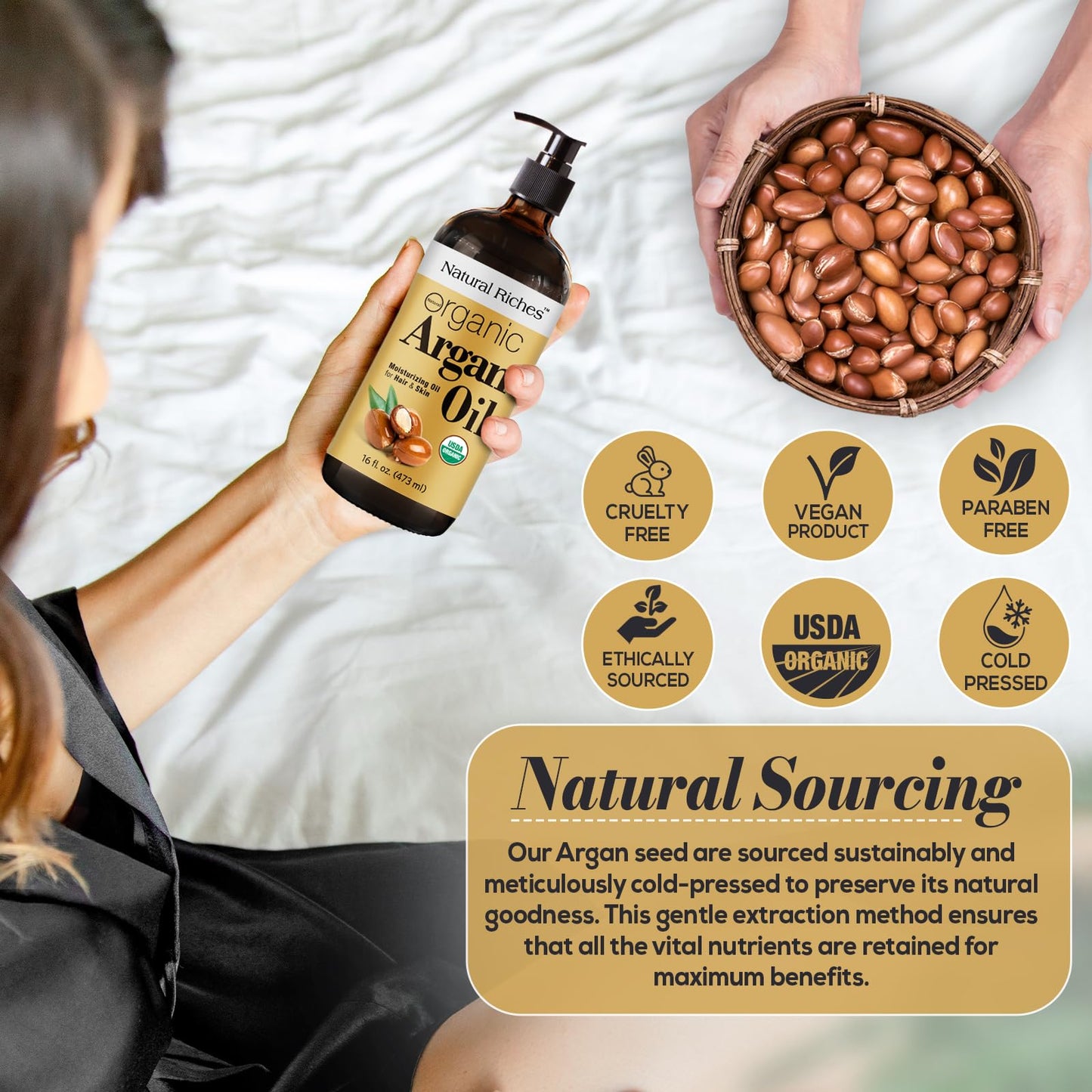 Natural Riches Organic Argan Oil - Moisturizing Oil for Hair, Face & Skin - Cold Pressed Pure Moroccan oil - 16 Fl Oz Glass Bottle