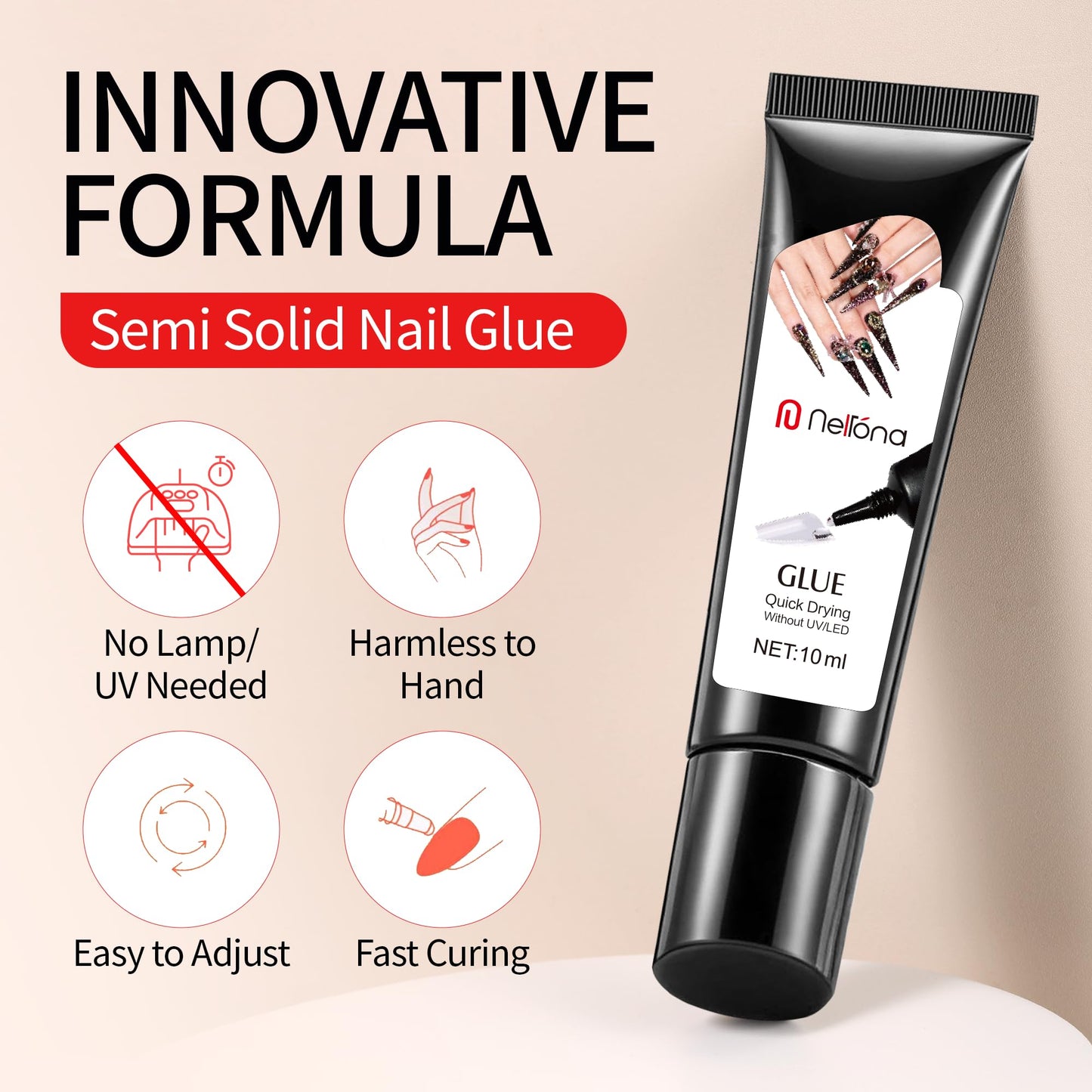 Nelrona Semi Solid Nail Glue 10ml for Press On Nails with 10ml Remover Kit Nail Tips Glue Gel - No Lamp Needed, Quick Drying, Long Lasting 30+ Days for Fake Acrylic Nails