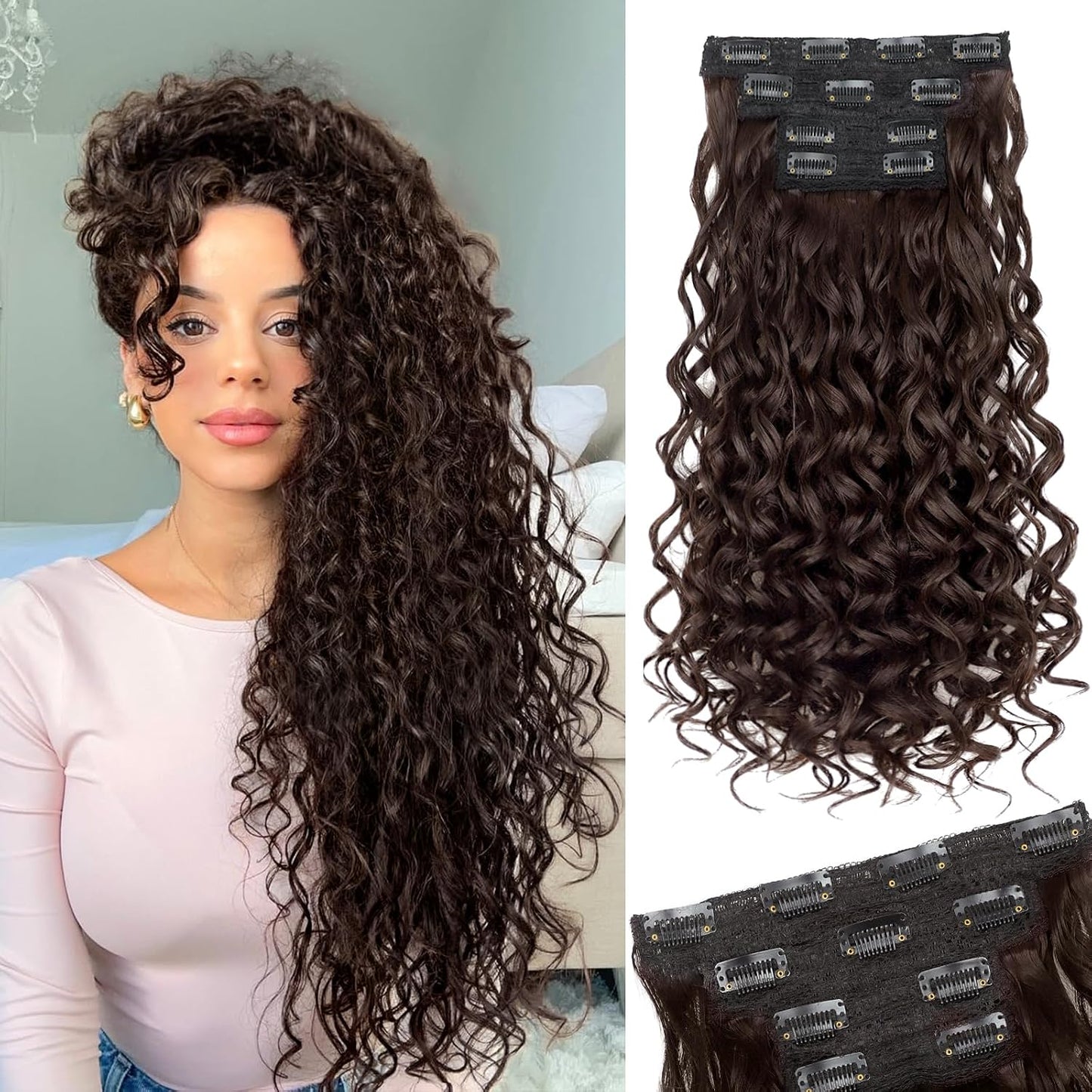 Curly Clip-In Hair Extensions - 20 Inch Thick Natural Synthetic Hairpieces | 4PCS Black