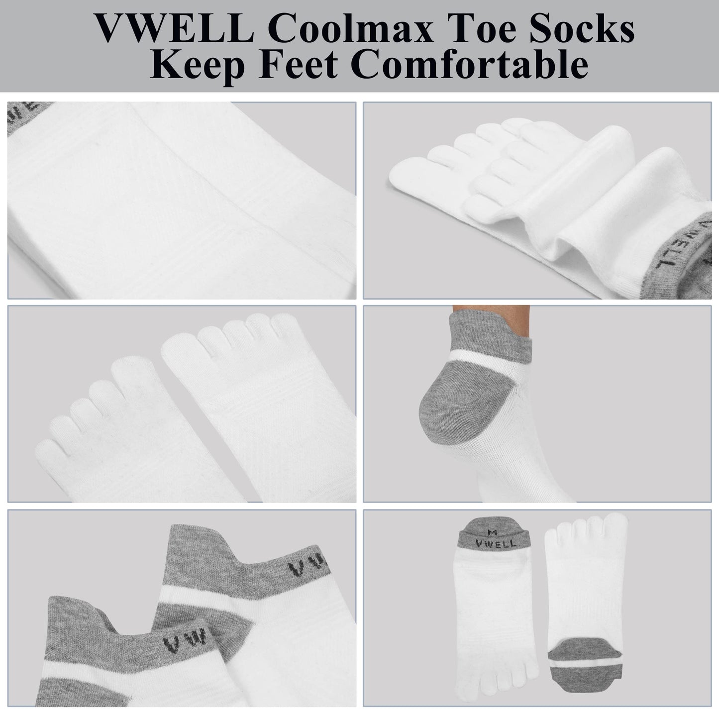 VWELL Toe Socks for Men/Women, COOLMAX Five Finger Socks, High Performance Athletic Toe Socks No Show (3Pairs)