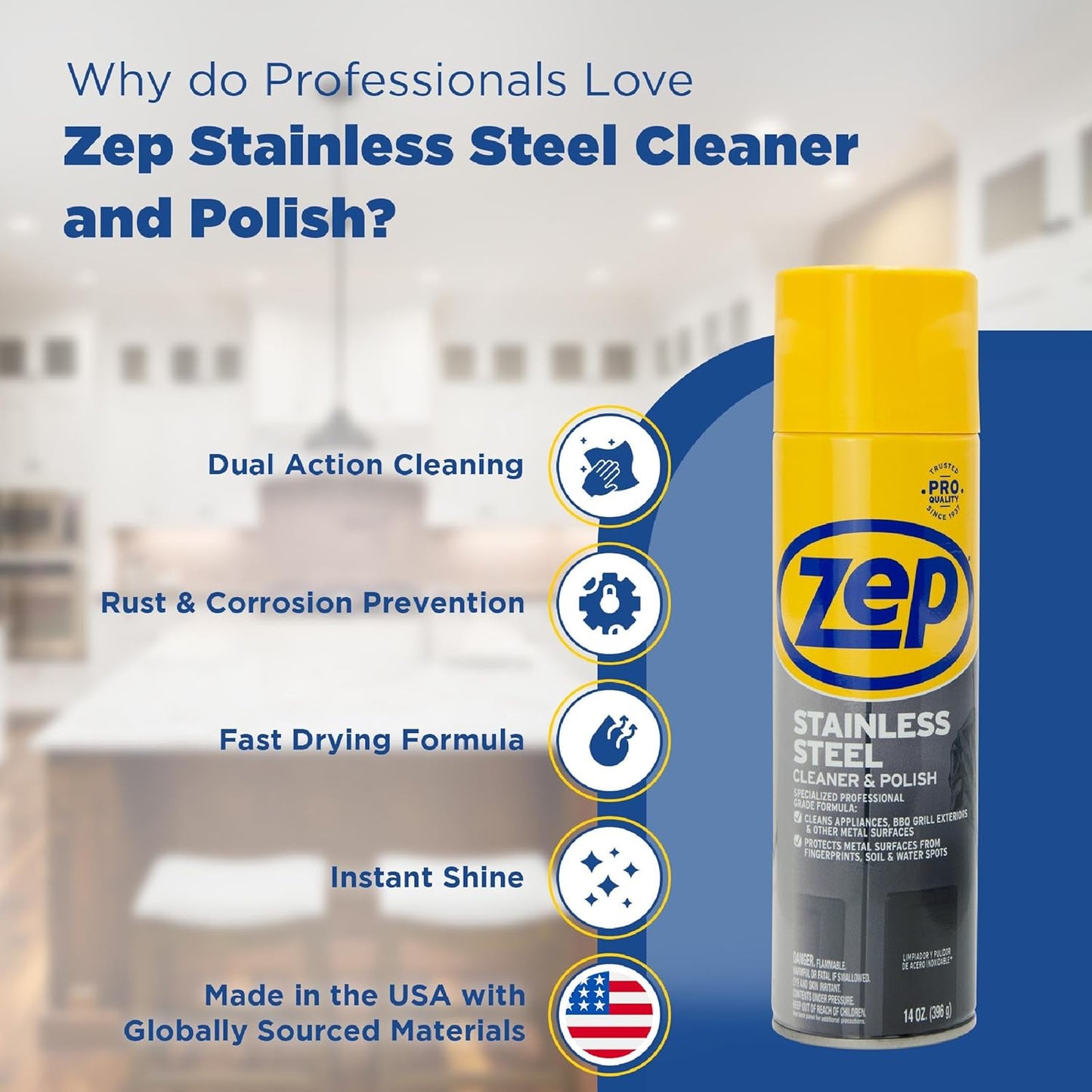 Zep Stainless Steel Cleaner - 14 oz Polish for Metal Surfaces | Protects Against Fingerprints & Water Spots