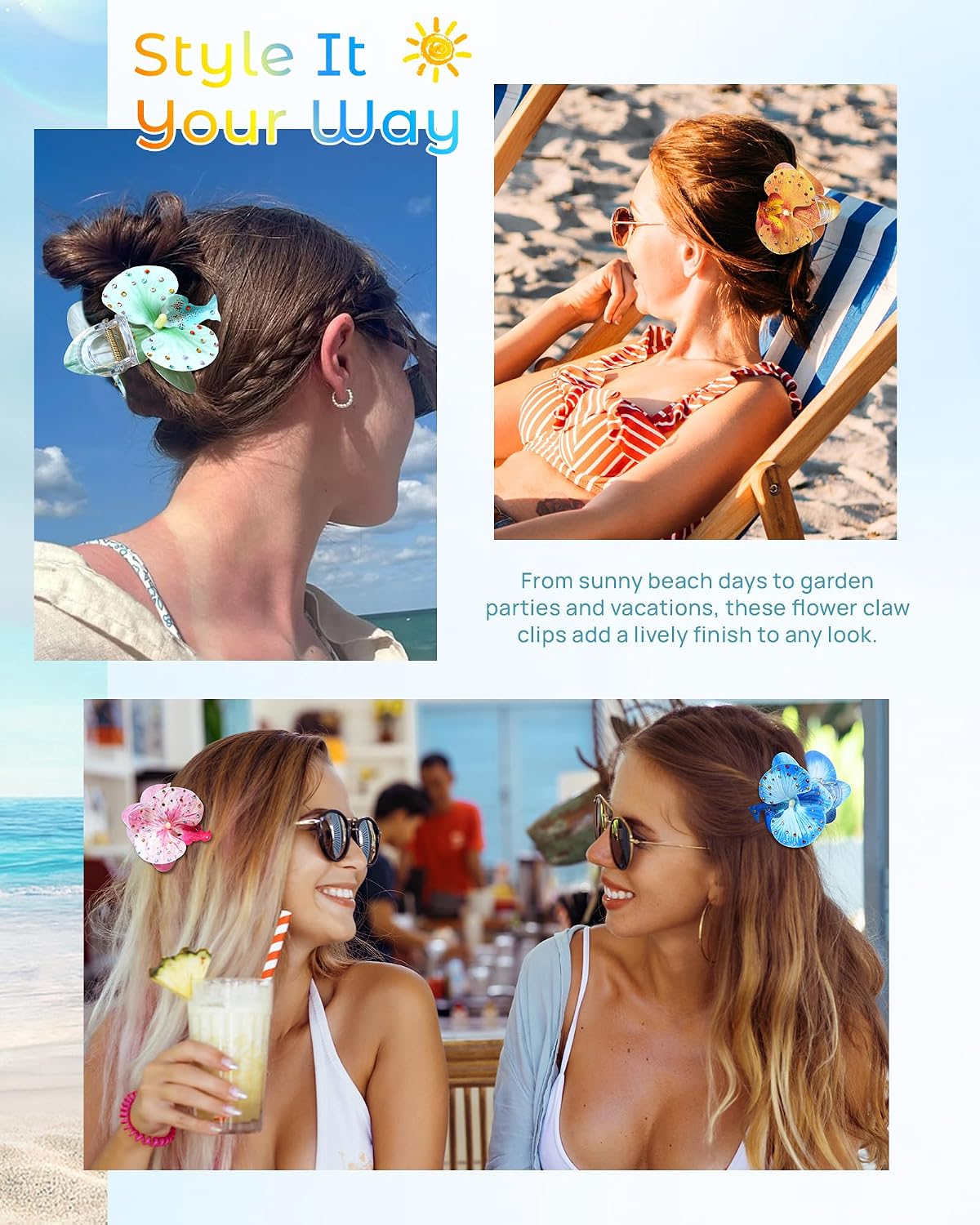 Hawaiian Flower Hair Claw Clips - 4 Pack Artificial Tropical Orchid | Wedding & Beach Party Accessories (Blue, Green, Pink, Yellow)