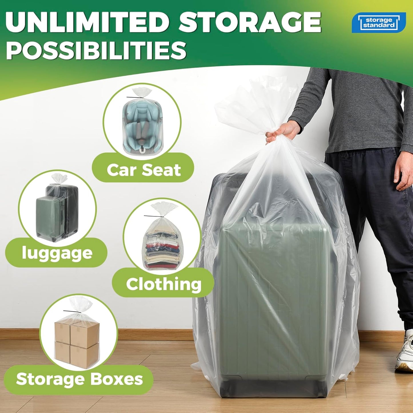 Large Clear Plastic Storage Bags - Waterproof Heavy-Duty Zip Ties | 40 x 60 Inches - Perfect for Luggage, Suitcases, Strollers & Travel Gear