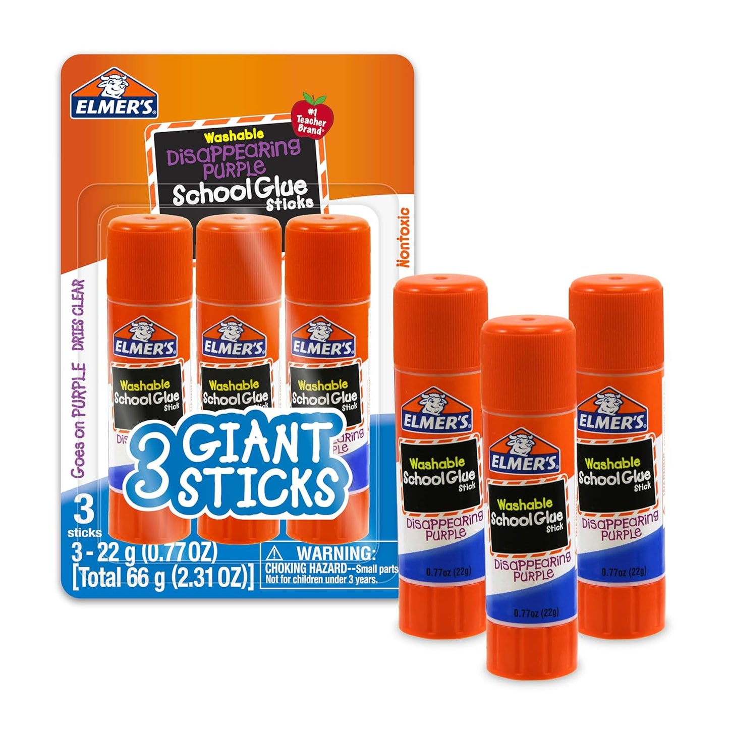 Elmer's Disappearing Purple School Glue Sticks - Washable, 22g, 3 Count | Ideal for Crafts & Back to School