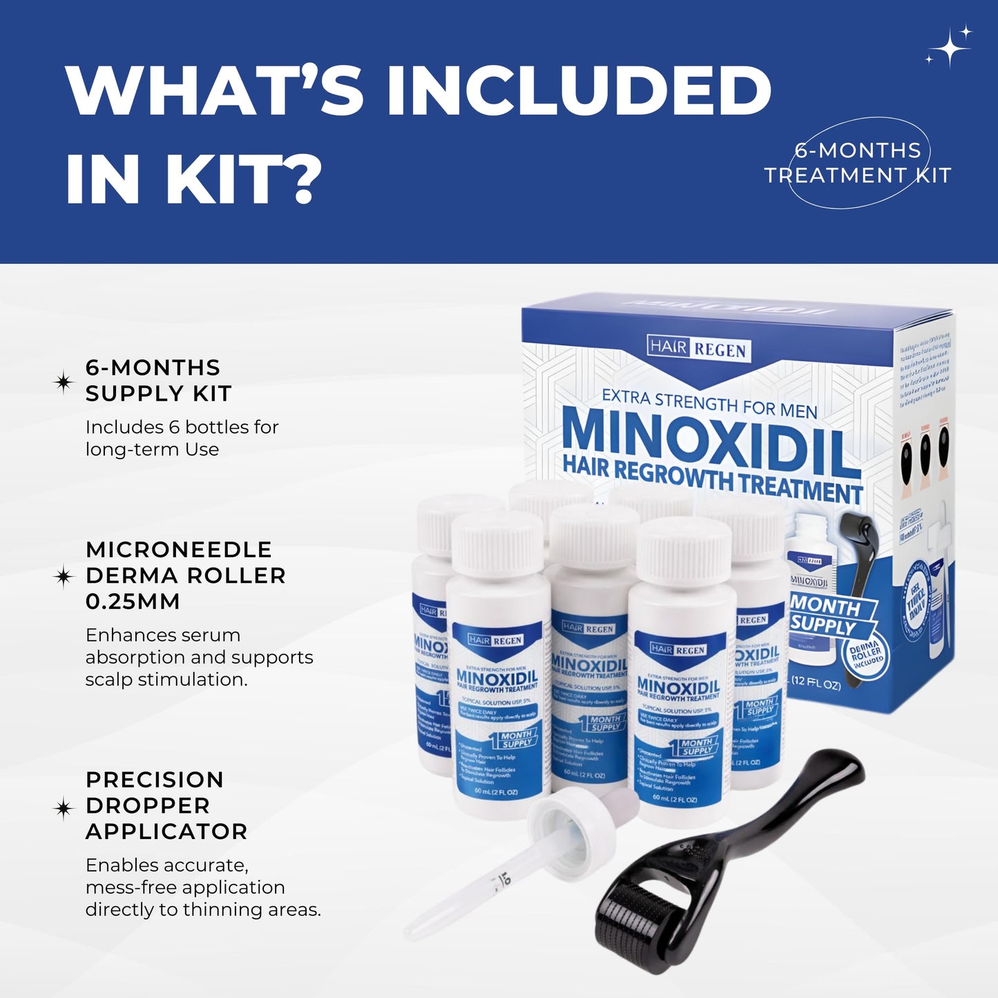 Hair Regen Liquid Minoxidil Men 5% With Hair Derma Roller for Scalp - Advanced Topical Solution for Regrowth - Men's Minoxidil for Growth of Men Hairs Loss 6 Pack as 6 Months Supply Kit