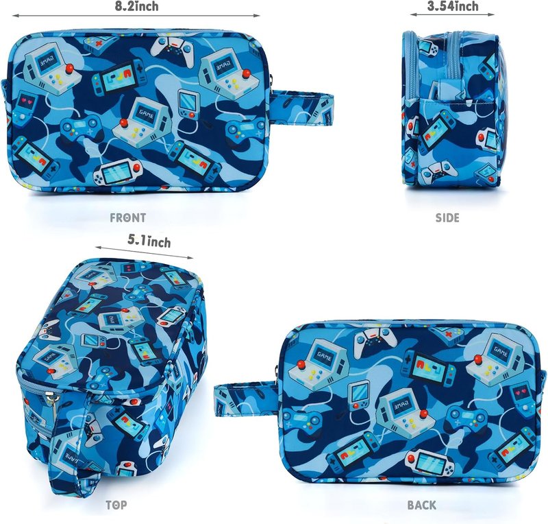 Kids Toiletry Bag - Waterproof Hanging Travel Wash Bag for Boys | Camo Blue Design