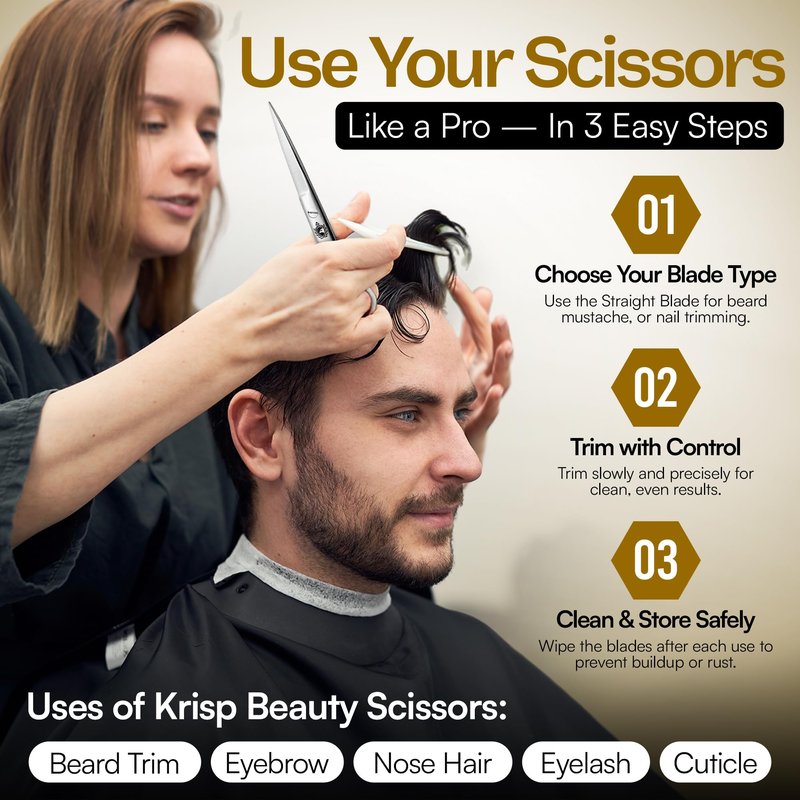Stainless Steel Grooming Scissors Set - Facial Hair Small Nail Cuticle Scissors Manicure Pedicure Tools Trimming Kit - Straight and Curved Blade for Beard Mustache Nose Ear Hair Eyebrow Eyelashes