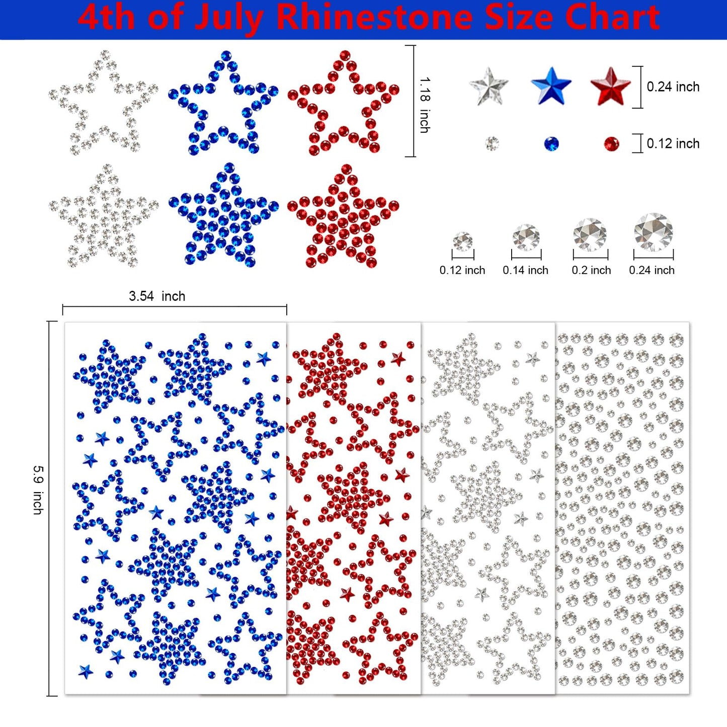 Go Ho 4th of July Star Face Hair Gems,4 Sheets of Self Adhesive Face Jewels for Women,Red White and Blue Gem Stickers Face Eye Rhinestones,Rhinestone Stickers 4th of July Patriotic Gems (02 Style)