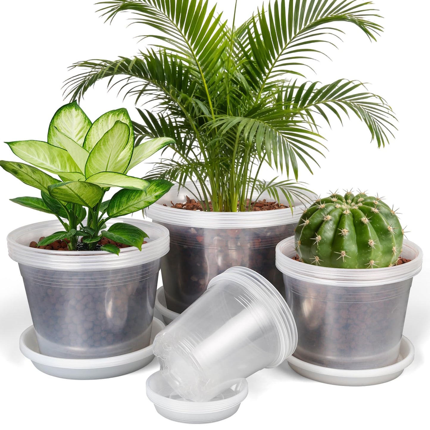 HQAUT 4/6/8/10 Inch Clear Nursery Pots with Drainage and Saucers, 24 Pack Clear Plant Pots, Variety Size Plastic Orchid Flower Pot for Indoor Outdoor