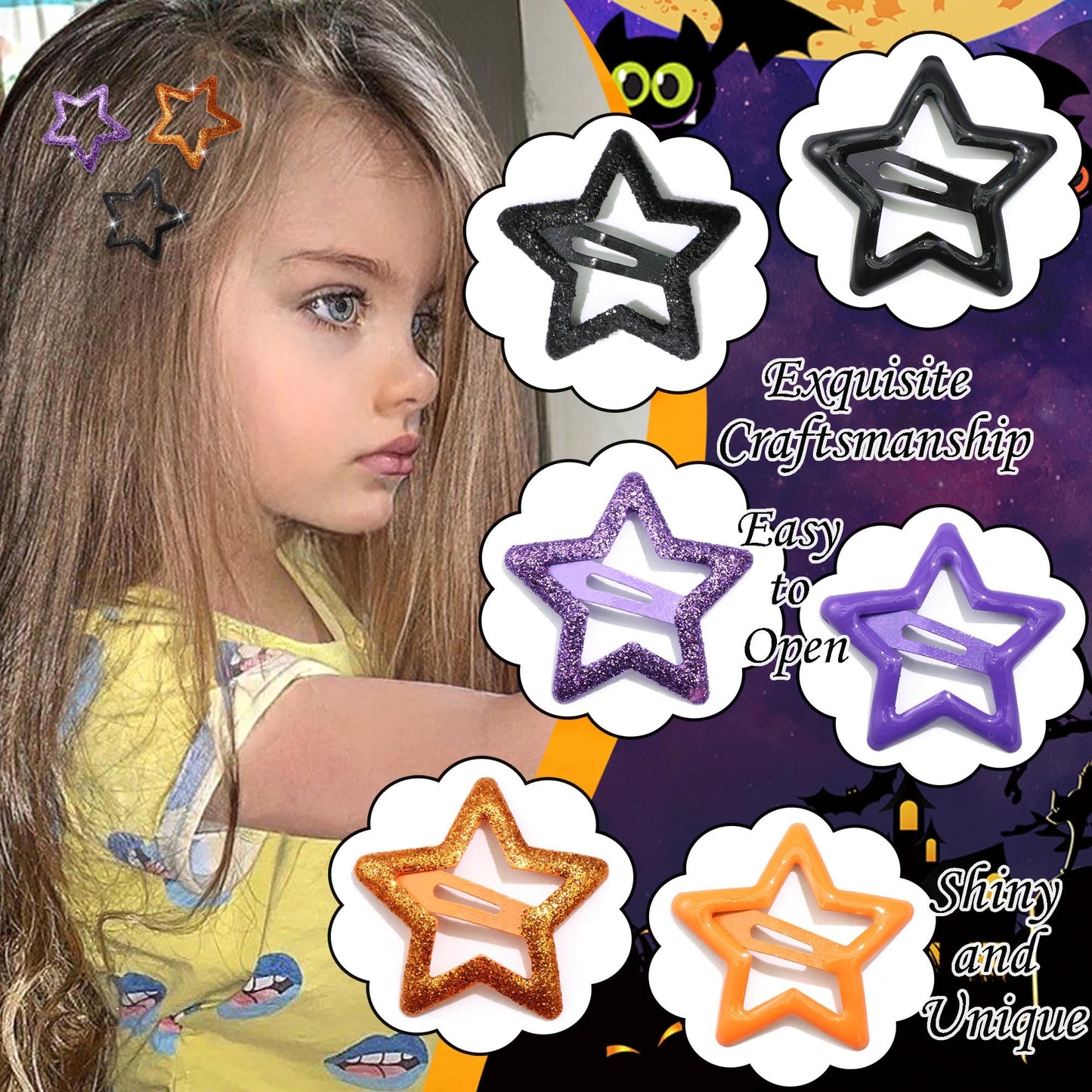NAISKA 24PCS Halloween Stars Hair Clips Sequins Stars Hair Barrettes Metal Star Snap Clip Y2K Non Slip Clips Halloween Vibe Cute Hair Accessories for Women Girls