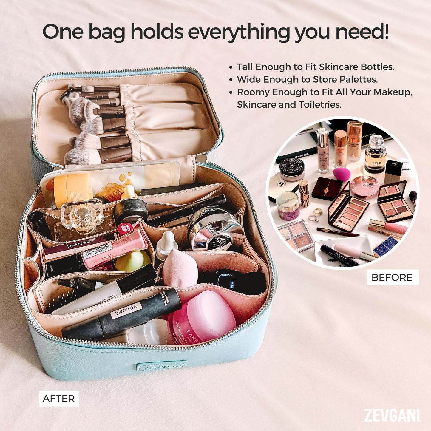 ZEVGANI Travel Makeup Bag Vanity Case with Mirror, Large Toiletry Bag Portable Leather Makeup Bag Organizer with Dual Compartments Removable Dividers for Skincare & Brushes, Blue