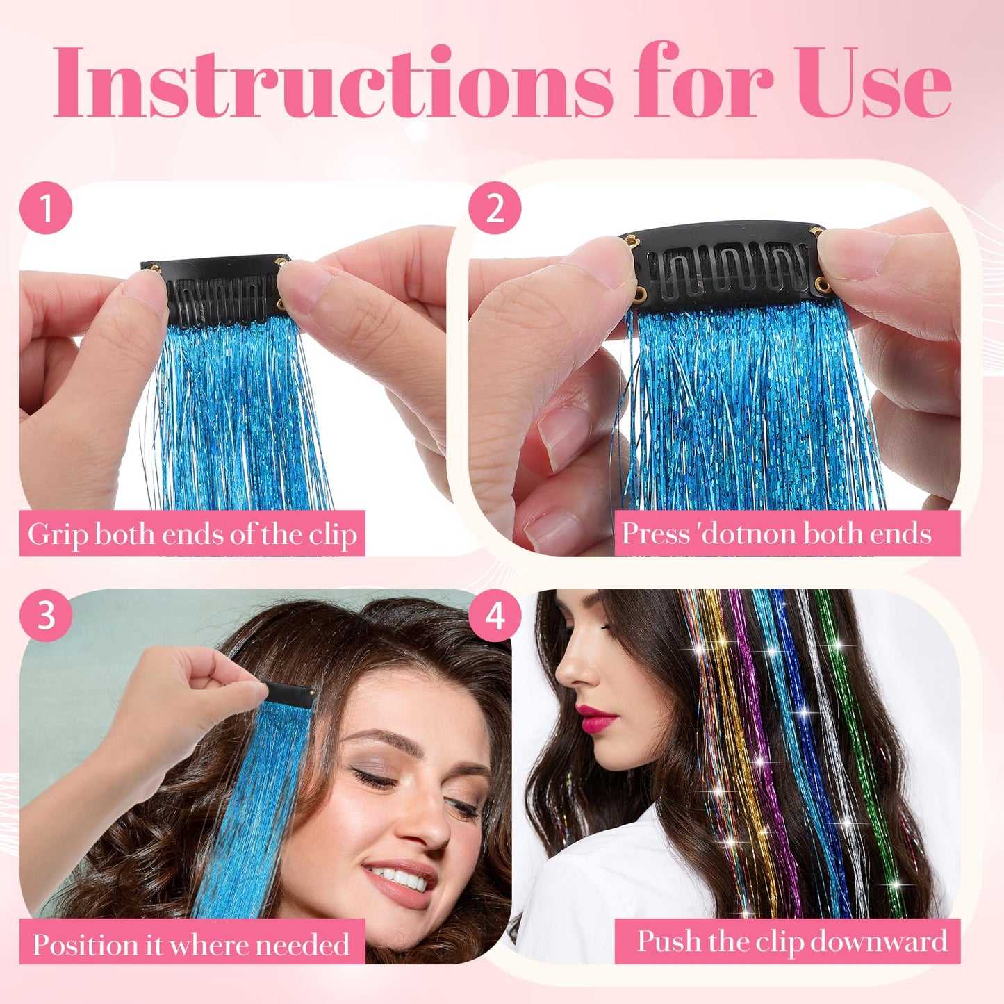 Nogeqi 8 Pcs Colored Hair Tinsel Clip Hair Extensions Glitter Fairy Hairs Tinsel Clips for Party Birthday Festival Gifts, 18.9 Inch