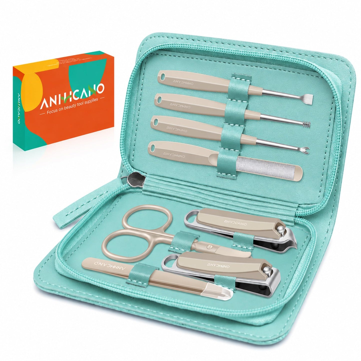 Manicure & Pedicure Kit for Men & Women, ANIHICANO 8-in-1 Premium Stainless Steel Personal Care Tools Set with PU Leather Case, Travel-Friendly for Home & Professional Use (Champagne)