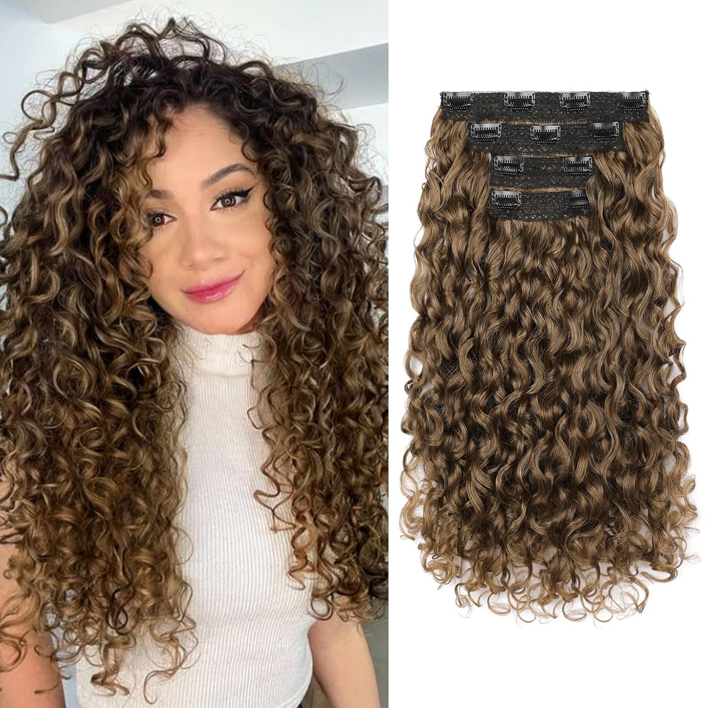 Curly Hair Extensions - 4PCS 18" GoGo Curly Clip-Ins | 100% Protein Hairpieces, Honey Blonde Highlights