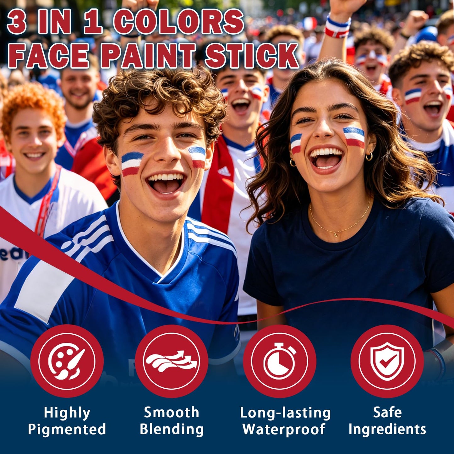 LZXLUKGIR 2PCS Red White and Blue Face Paint Sticks,4th of July USA Face Paint for Independence Day,3 in 1 Colors Face Body Paint Sticks for Soccer,Football,Softball,Baseball Eye Black Stick （01 USA）