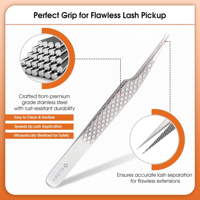 Precision Fiber Tips Perfect Tweezers for Isolation and Classic Eyelash Extensions, Stainless Steel Pro Straight Tip Anti-Slip Diamond Grip Tweezers for Lash Artists, Nail Art & jewelry work