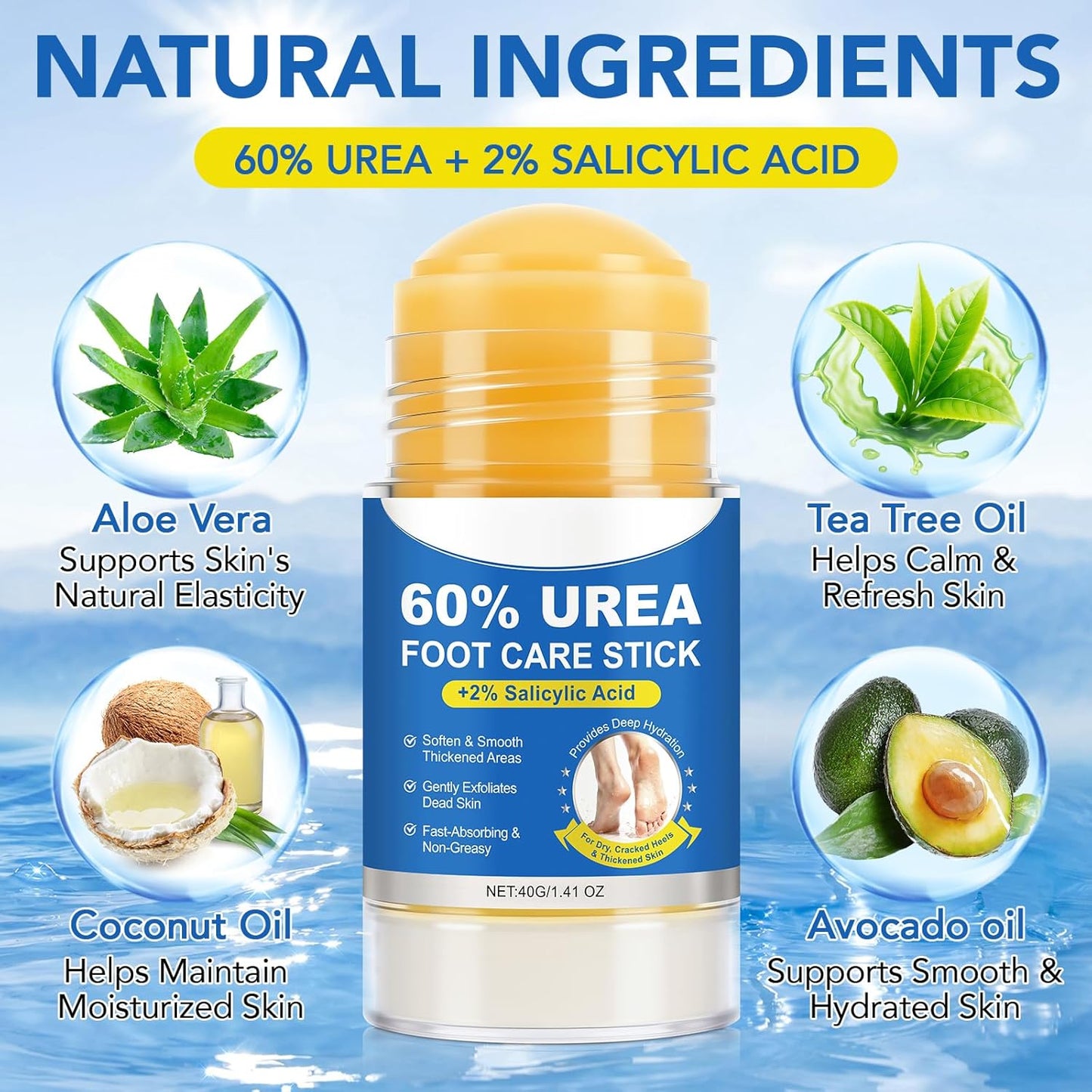 Urea Foot Care Stick with 2% Salicylic Acid - Exfoliating Moisturizer for Dry Cracked Heels & Callus Care | 2 Pack